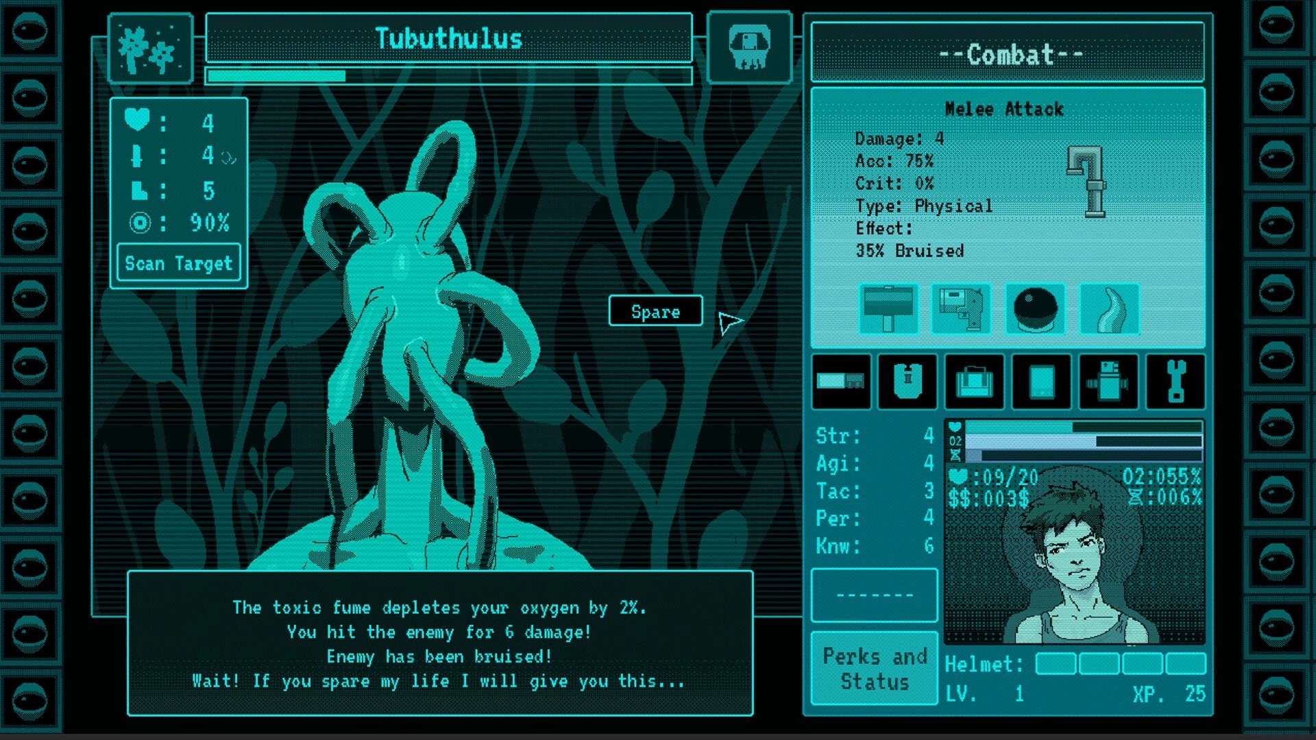 Eldread: Combat screen vs Tubuthulus with Spare prompt and melee stats panel in teal UI overlay.
