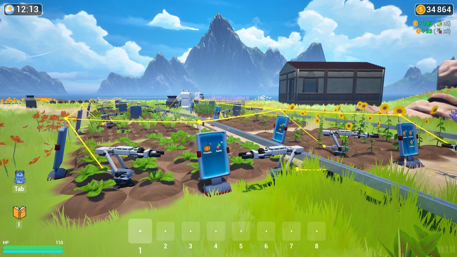 Elemency Island: Automated farming with robotic arms tending crops in a lush mountain landscape
