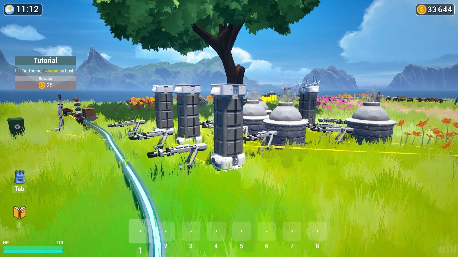Elemency Island: Automated farm equipment amidst lush fields under a clear blue sky with tutorial visible