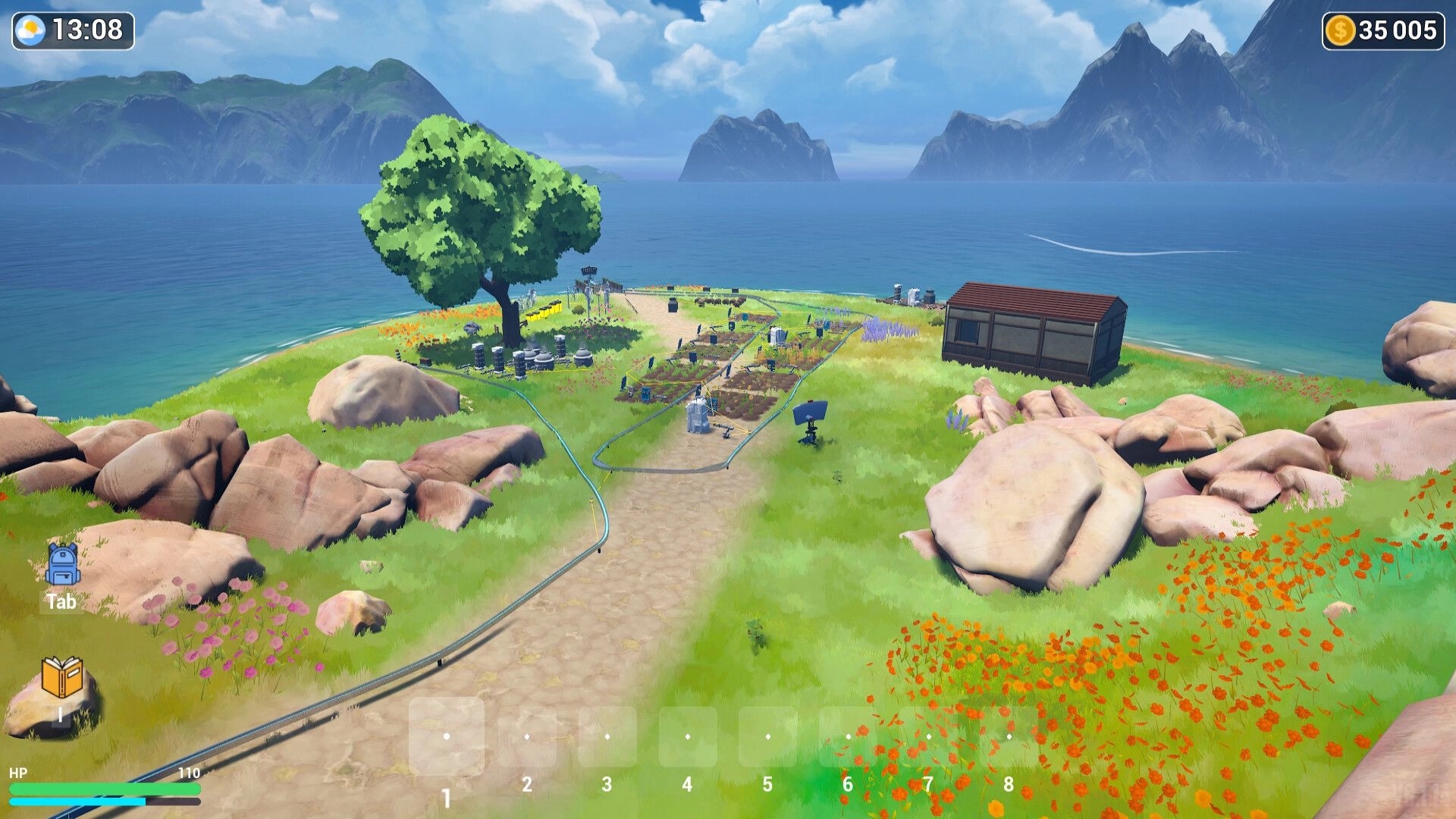 Elemency Island: Farm plots and beehives near the ocean with UI elements showing time and currency