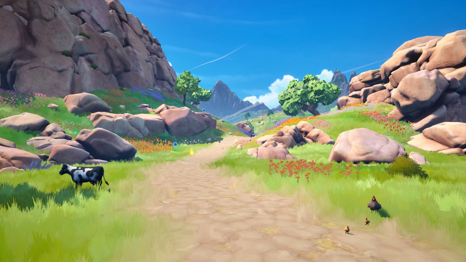 Elemency Island: Cow grazing and chickens roaming on a vibrant grassy path surrounded by rocky hills