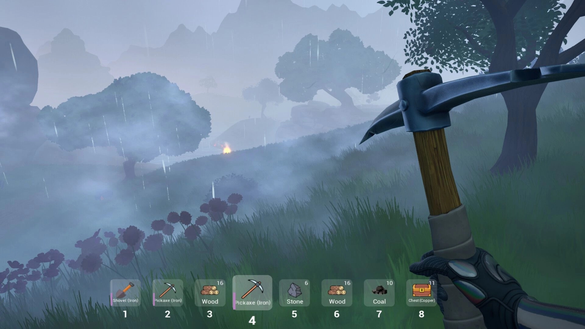 Elemency Island: Player holding pickaxe in foggy forest with inventory bar at bottom of screen