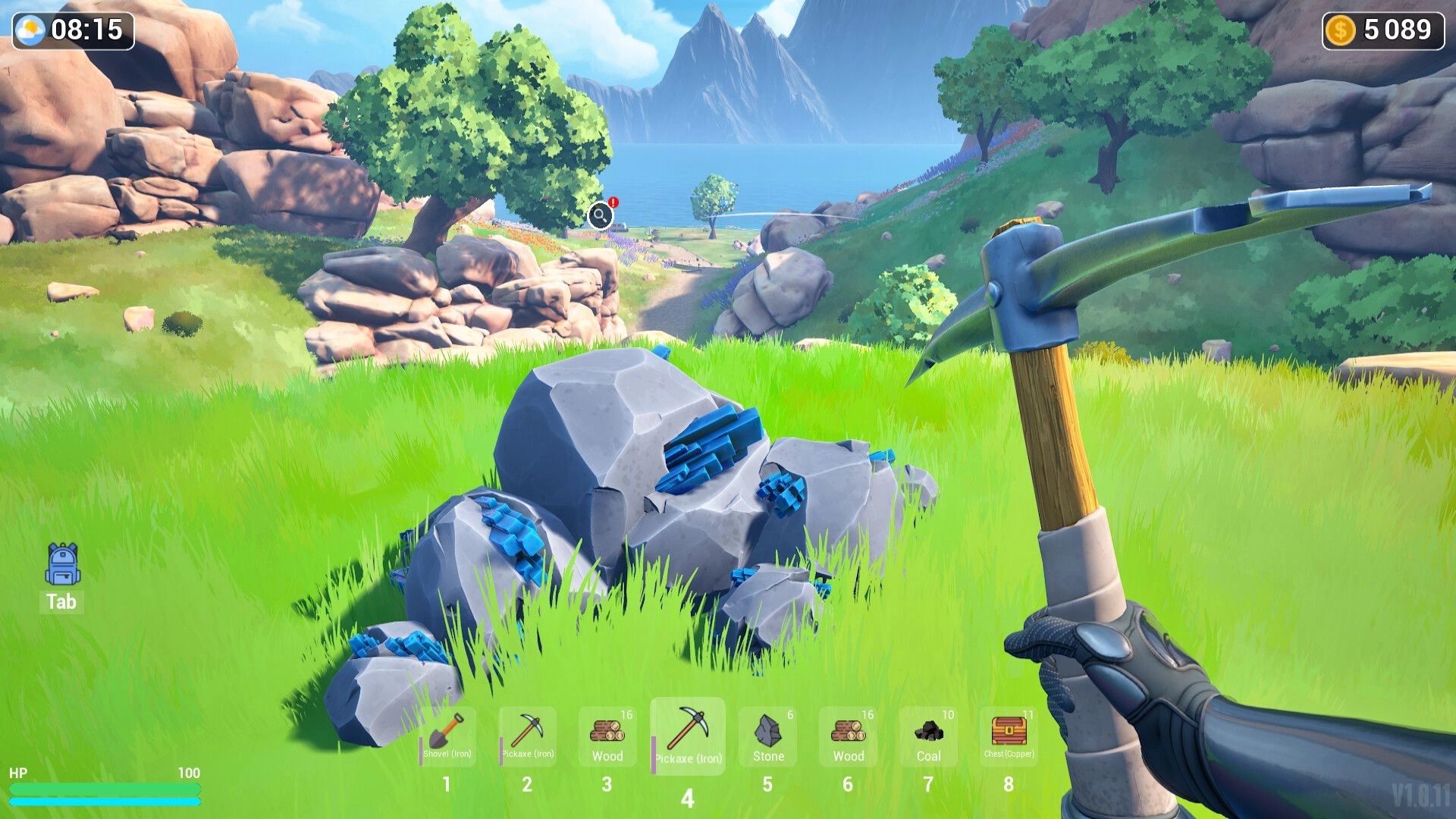 Elemency Island: Player holding pickaxe near blue ore rocks in lush grassy field with inventory menu
