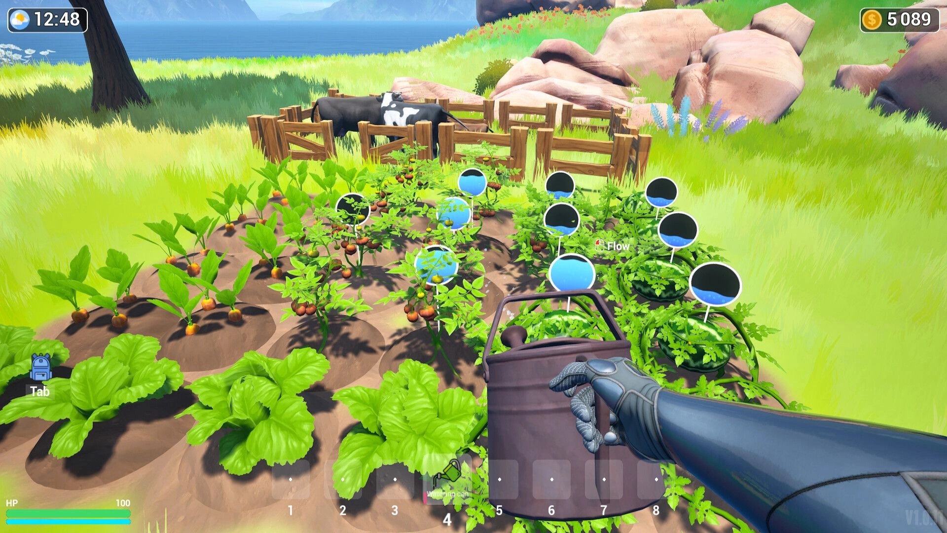 Elemency Island: Watering crops in a vibrant farm setting with cows, UI elements, and lush greenery