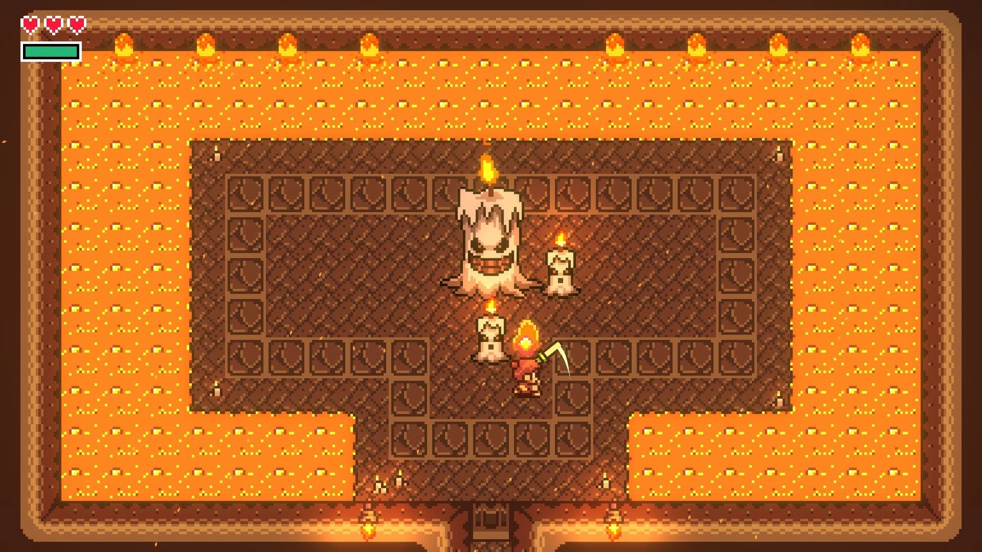 Elementallis: Character with axe and torch approaches large candle altar in lava-themed dungeon room