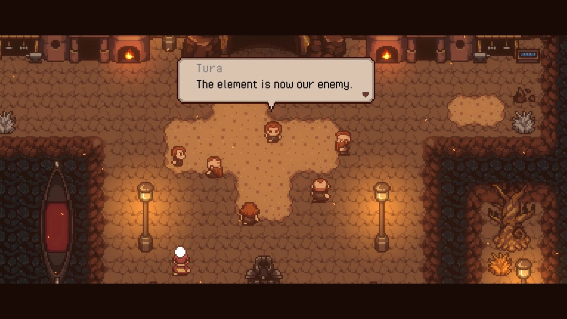 Elementallis: Tura warns group in cave setting with torches, discussing the threat of elemental enemies.