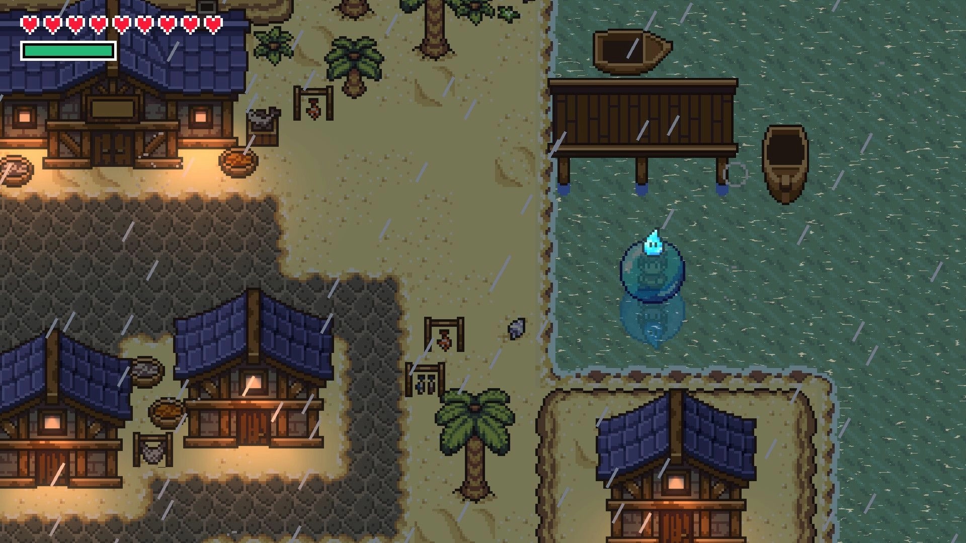 Elementallis: Rainy coastal village with wooden docks, boats, and player using water element ability