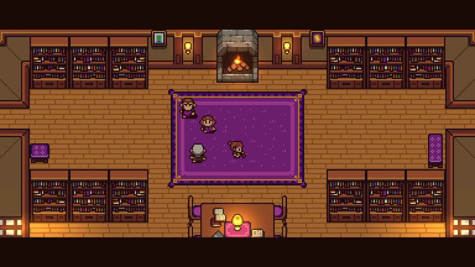 Elementallis: Four characters gather on a purple rug in a cozy library with a lit fireplace.