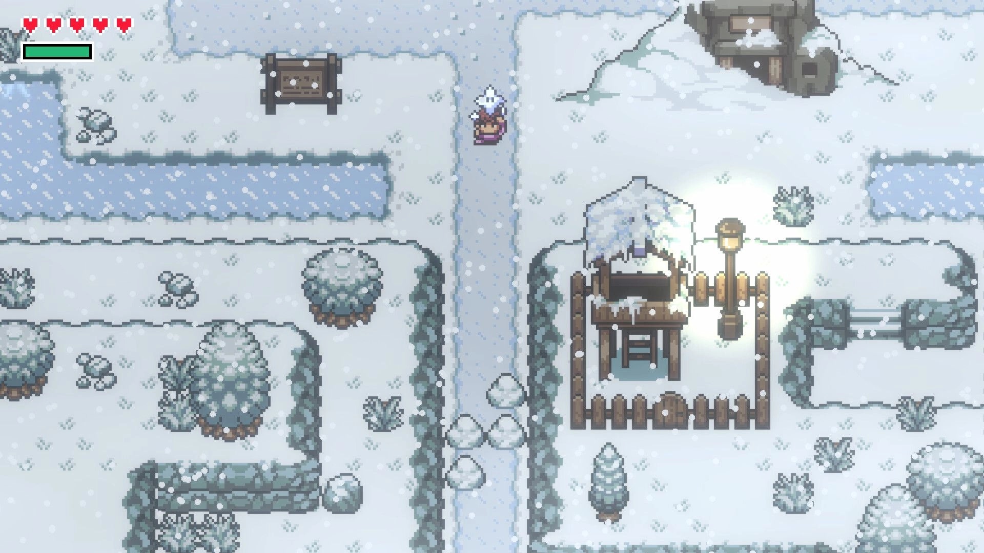 Elementallis: Character exploring a snowy village with health bar visible in the top-left corner.