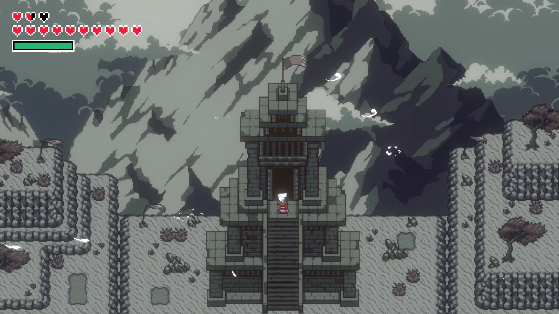 Elementallis: Character at temple entrance with hearts UI against a backdrop of towering mountains