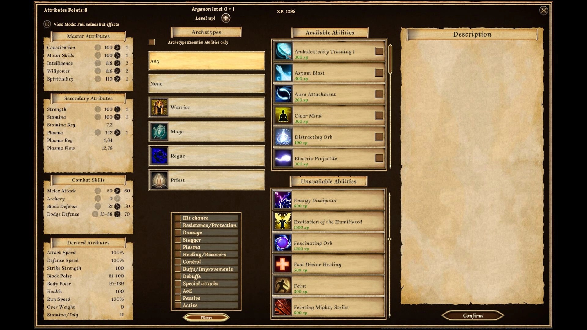Elengard: Character attributes and abilities selection screen with various skills and archetypes listed