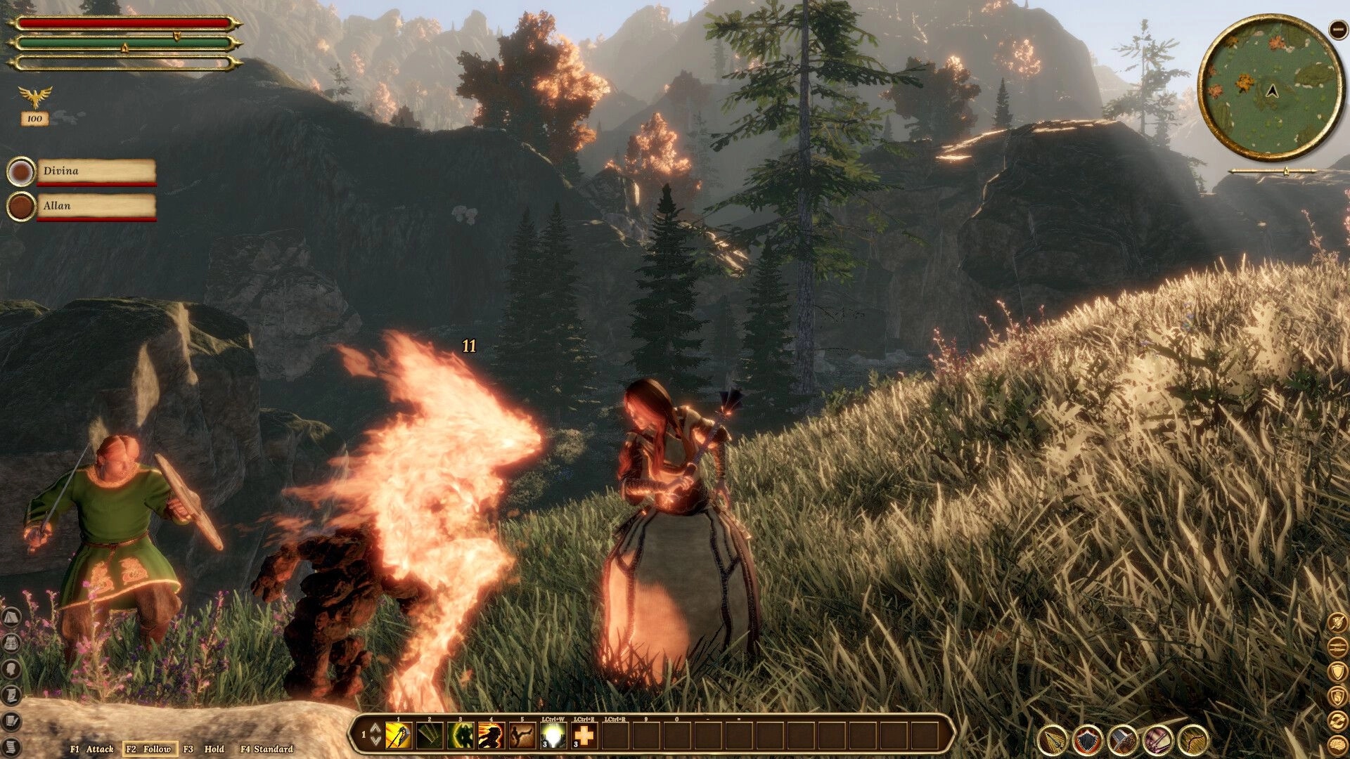 Elengard: Combat with fiery enemy and allies in a sunlit mountainous landscape