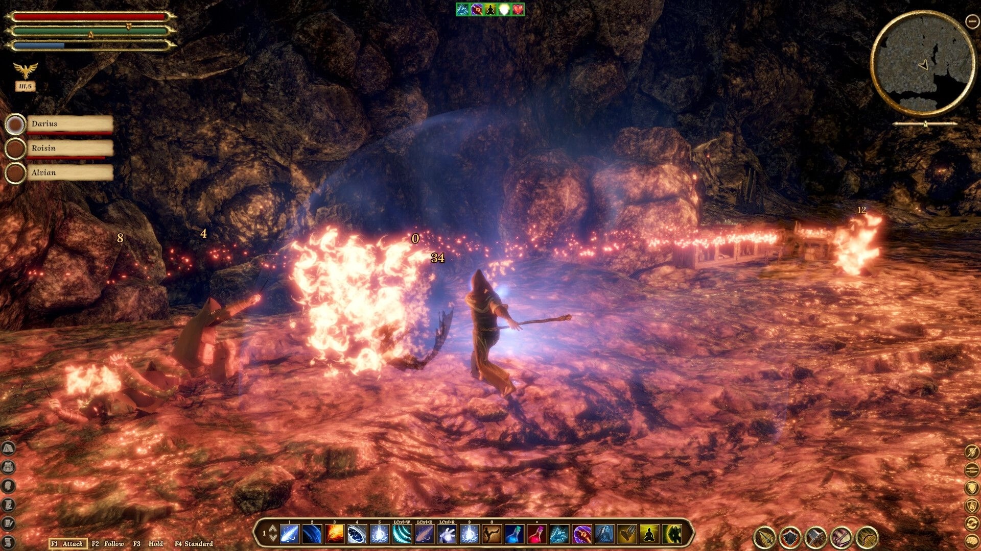 Elengard: Mage casting fire spells in a rocky cavern with health bars and ability icons visible