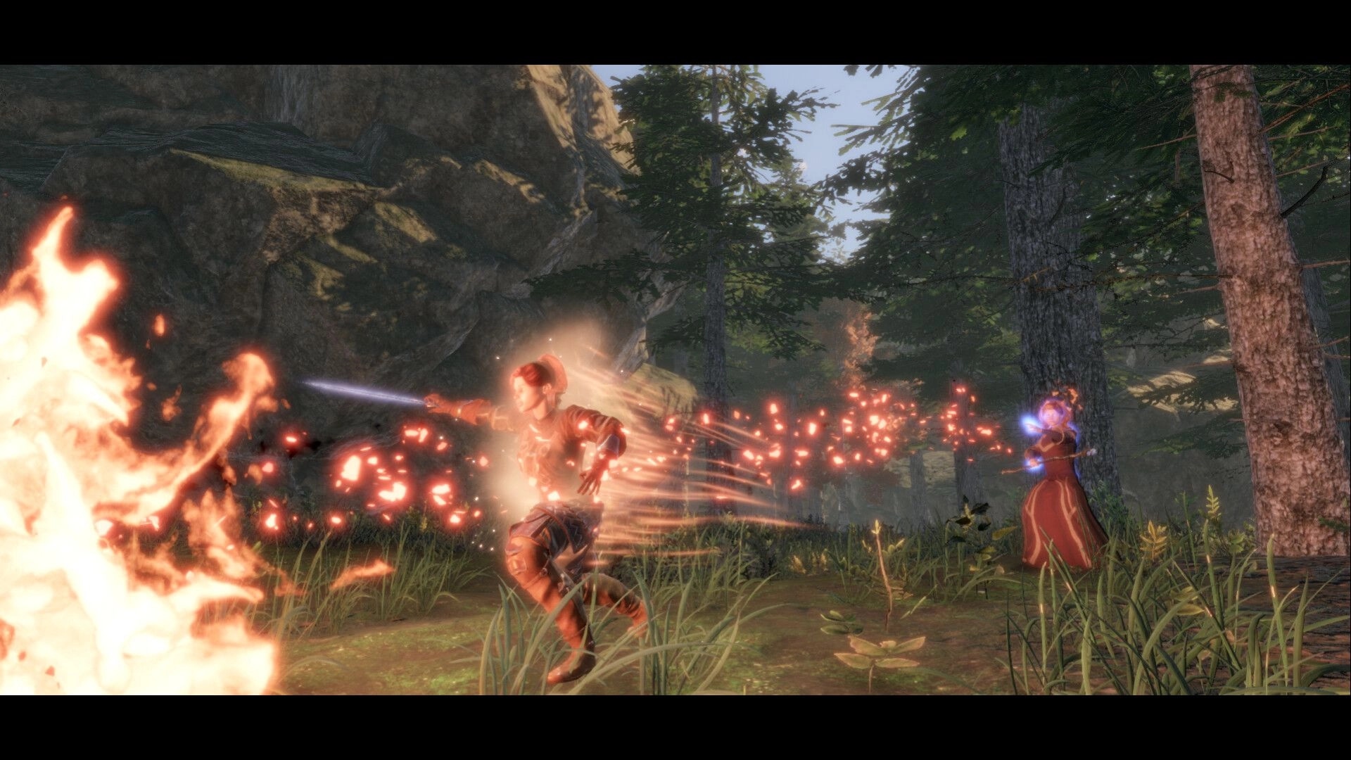 Elengard: Two characters casting magical spells in a lush forest environment filled with glowing effects.