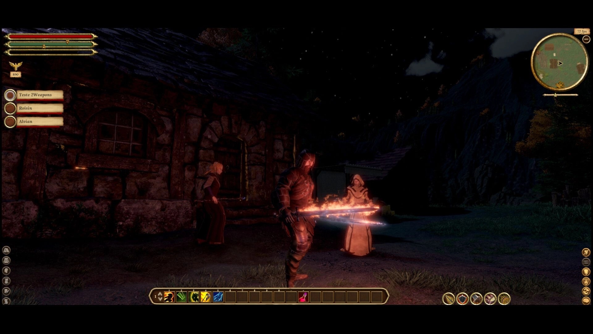 Elengard: Nighttime village scene with characters wielding glowing swords near a stone building