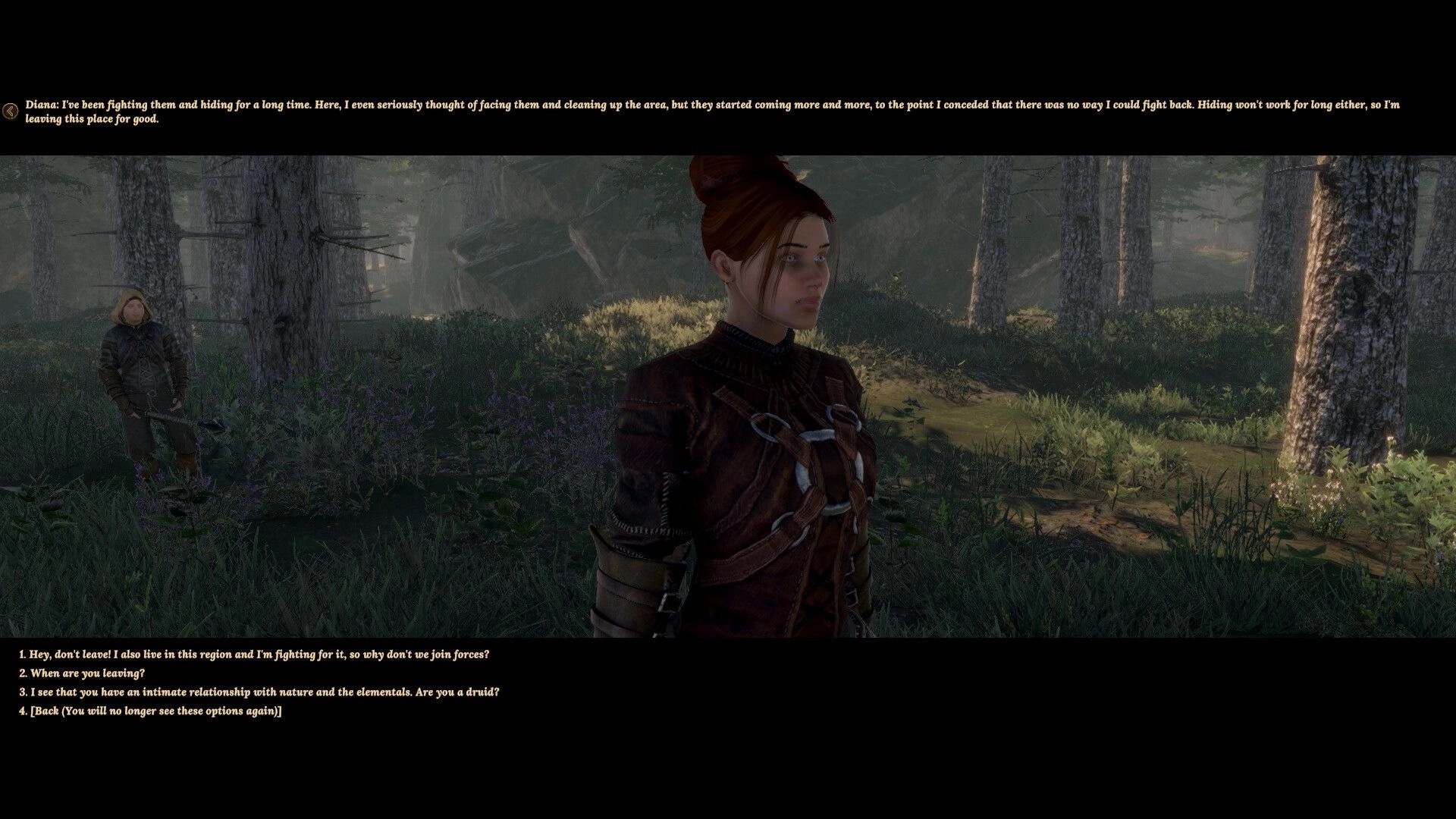Elengard: Dialogue with Diana in a forest clearing, choosing responses from dialogue options menu
