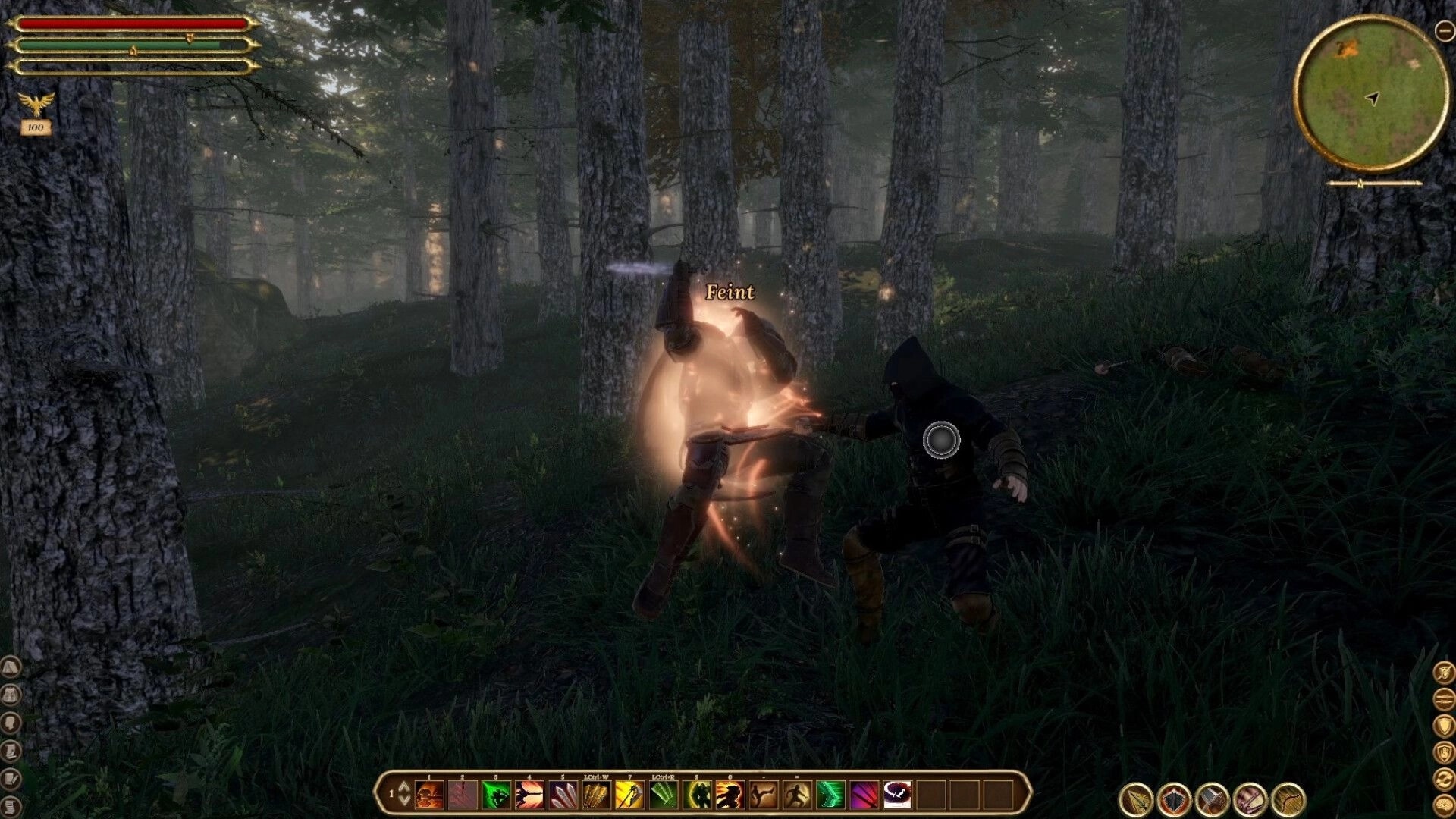 Elengard: Stealthy rogue performs a feint attack in dense forest, HUD displays health and skills