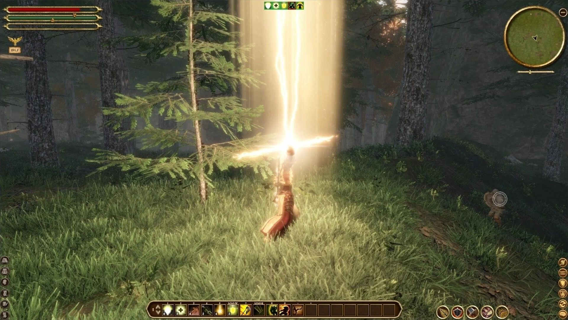 Elengard: Character casting spell in forest clearing, glowing light beam, health bar visible top left