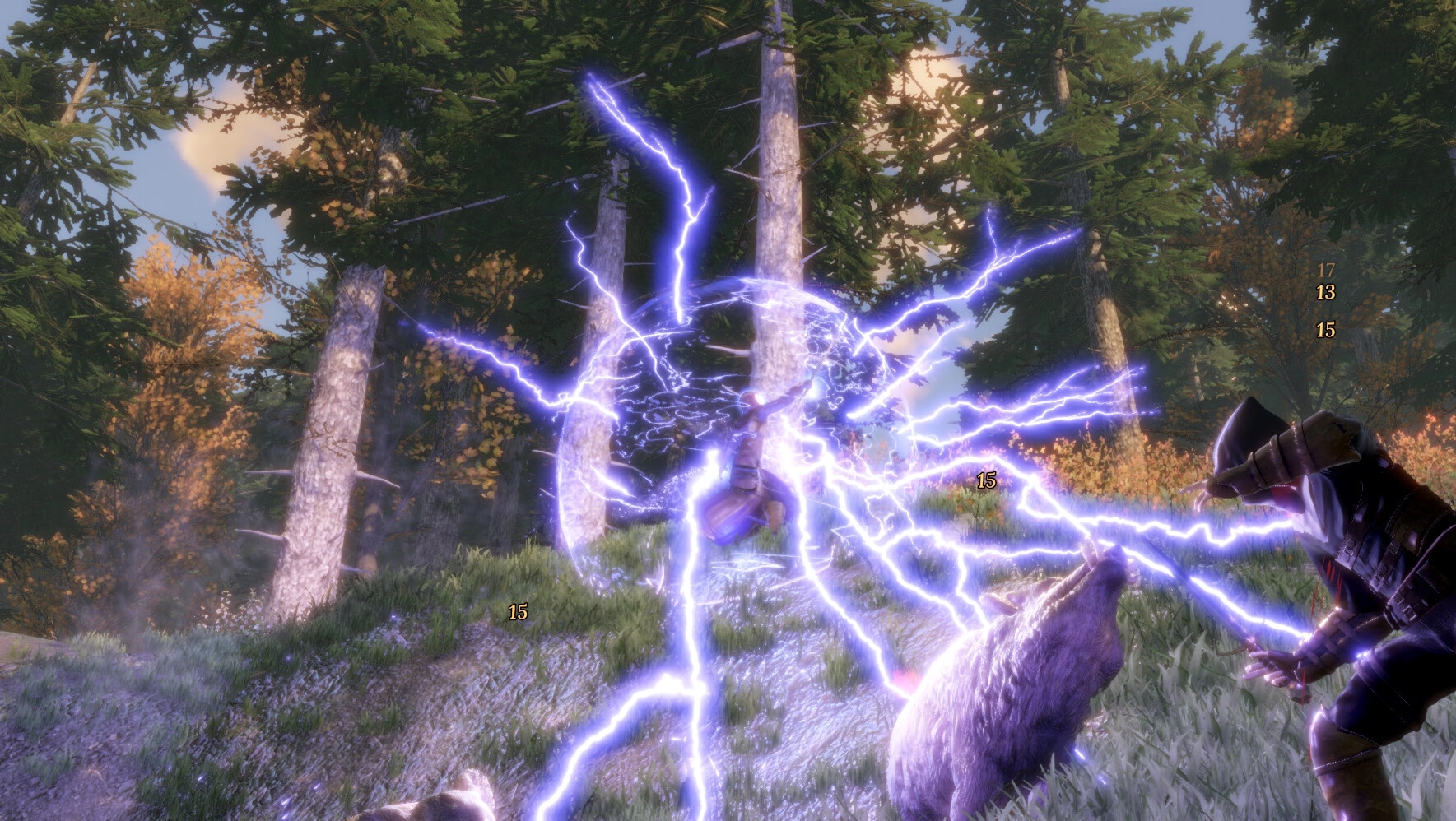 Elengard: Mage unleashing lightning spell in forest, striking enemy while numbers indicate damage dealt