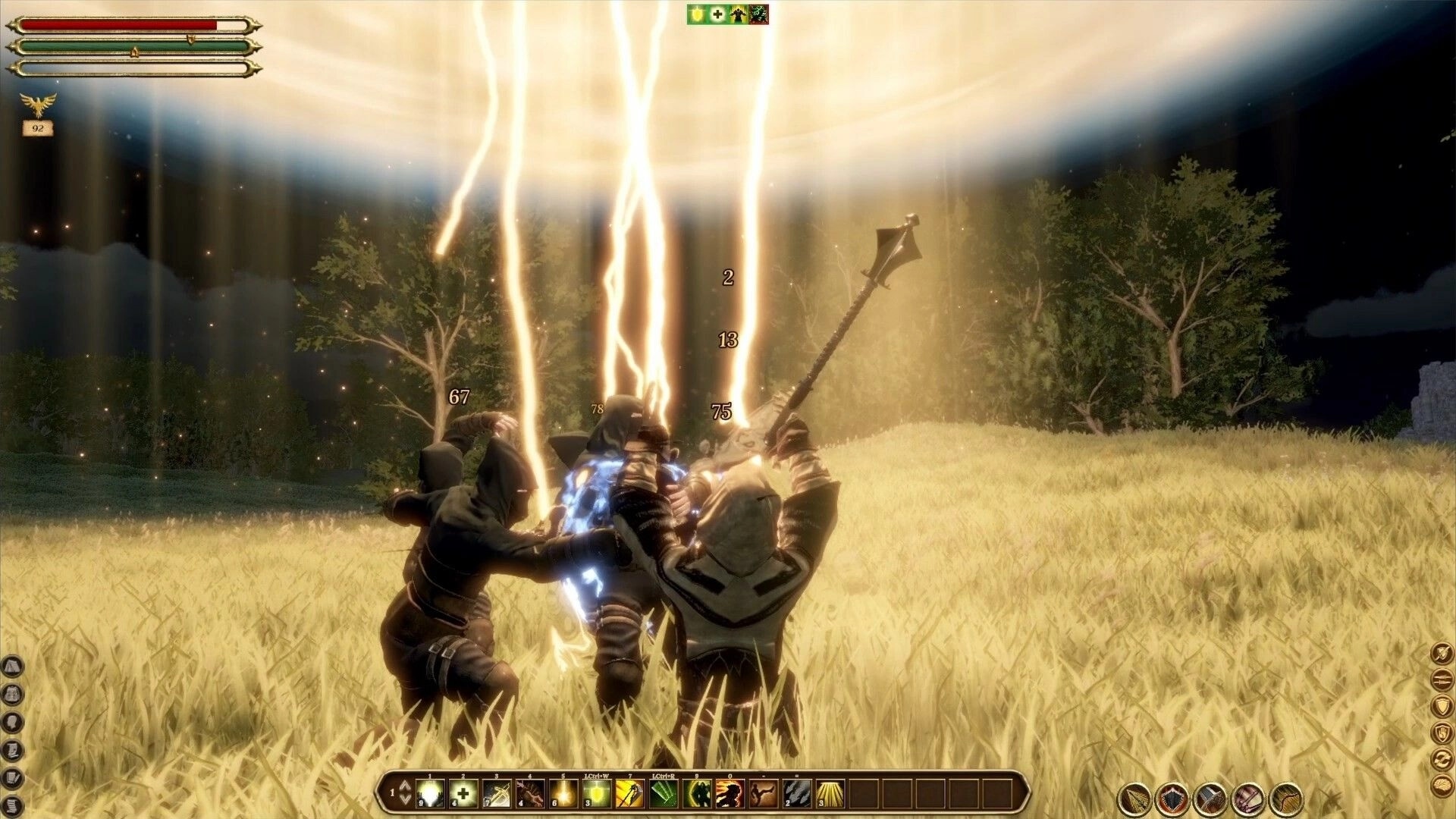 Elengard: Battle scene with three characters under lightning in a forest clearing at night