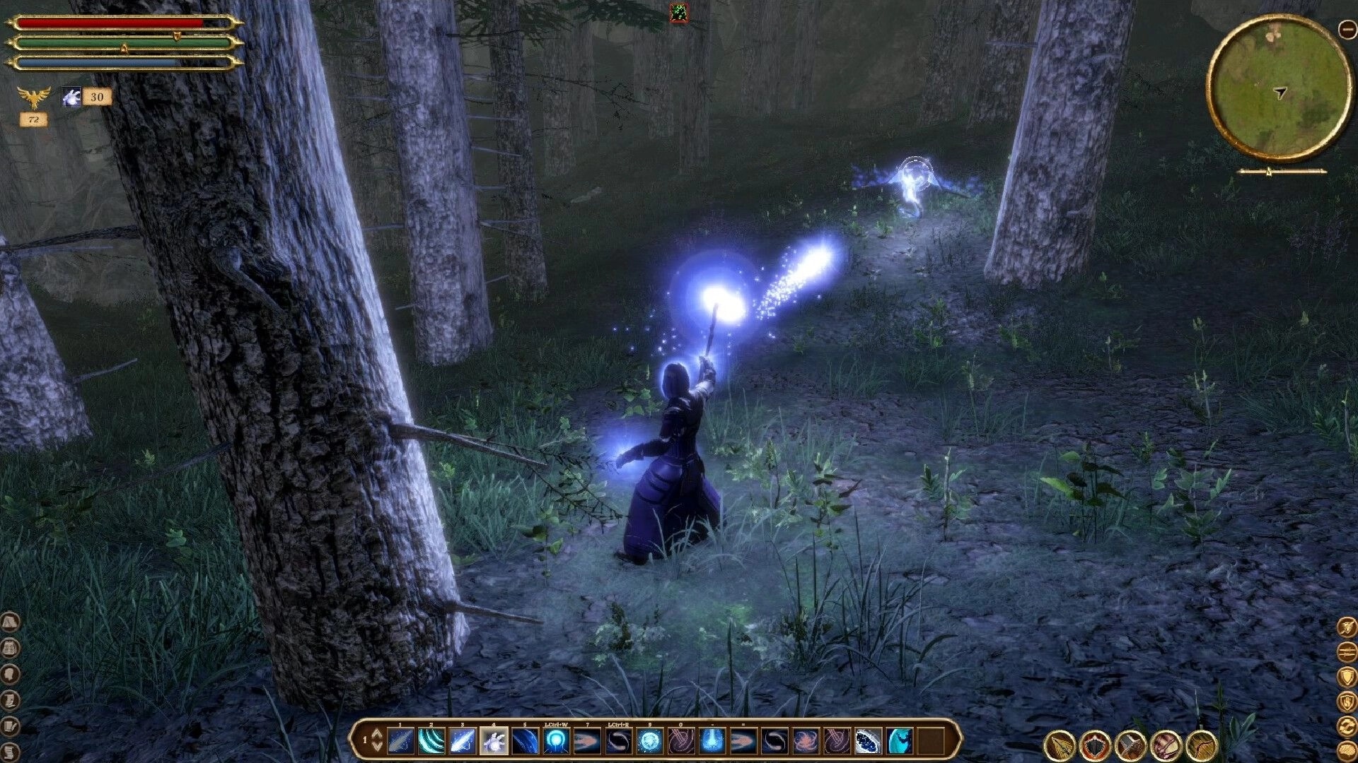 Elengard: Mage casting spells in a dense forest with glowing projectiles and a visible ability bar.