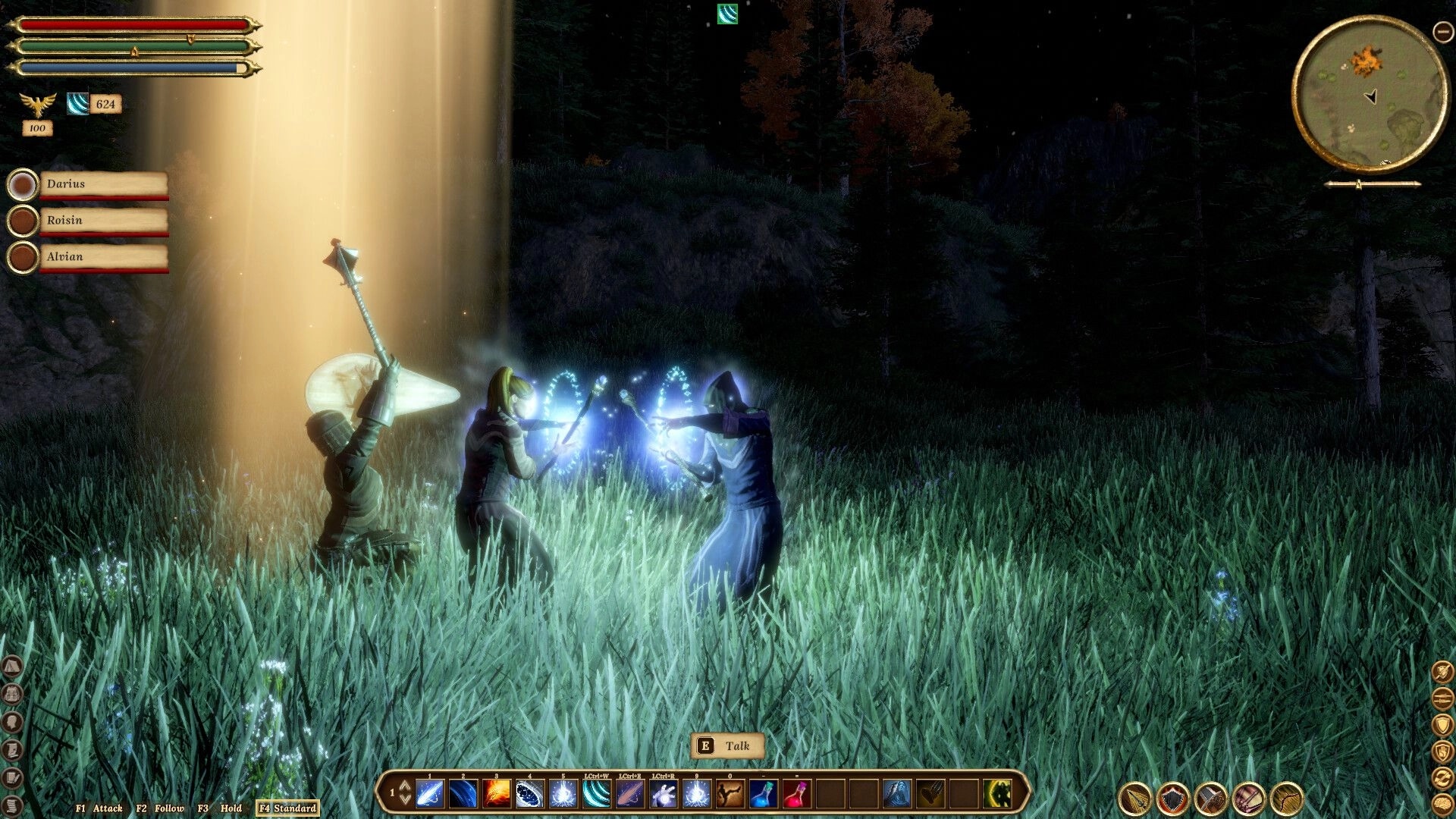 Elengard: Three characters casting spells in a glowing forest clearing at night with visible UI elements.