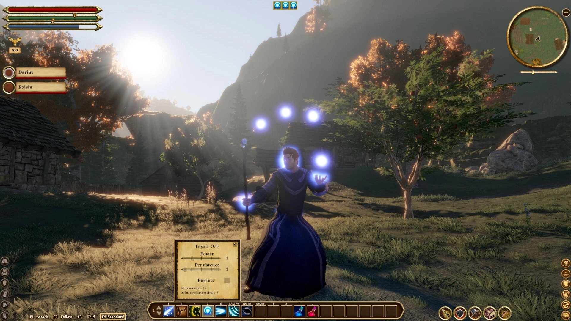 Elengard: Darius casting spells with glowing orbs in a sunlit village surrounded by trees and mountains
