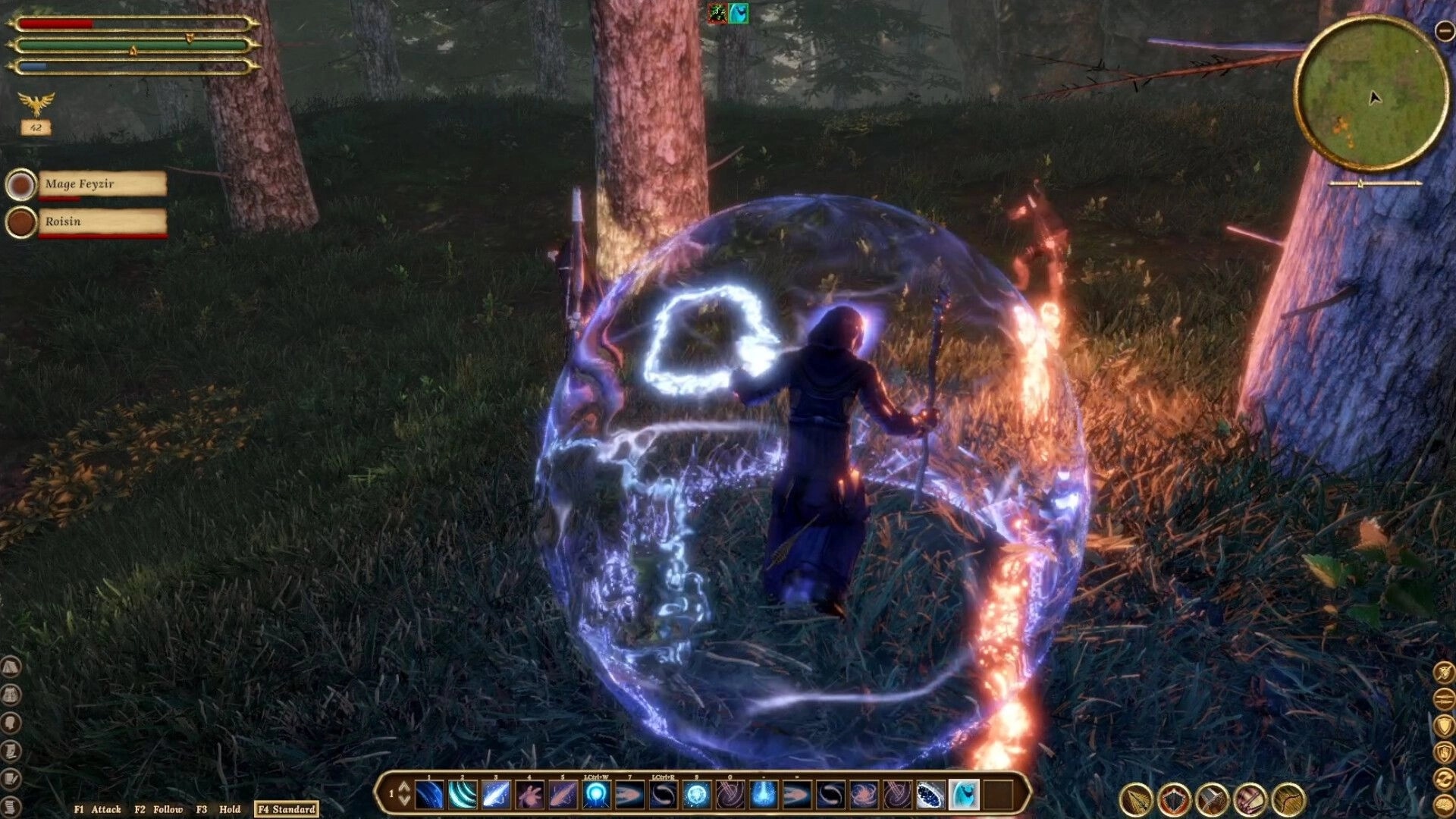 Elengard: Mage Feyzir casting a protective spell in a forest while interface displays health and skills