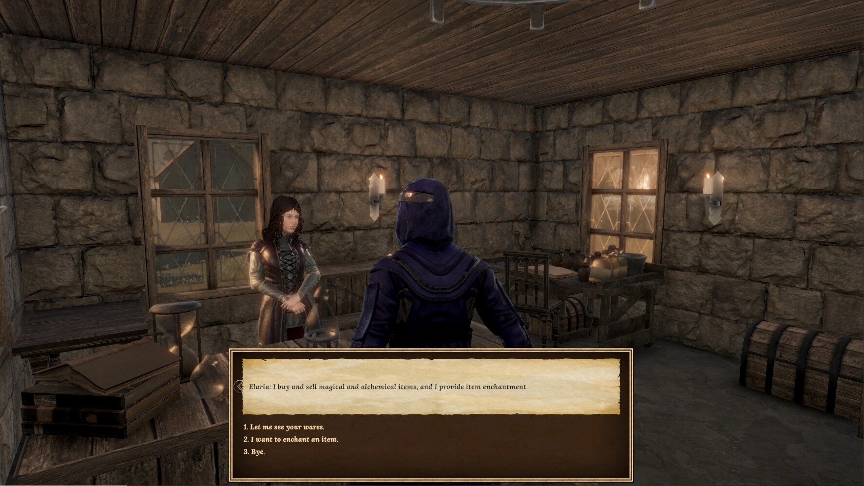 Elengard: Player converses with merchant Elaria in a medieval stone-walled room with dialogue options.
