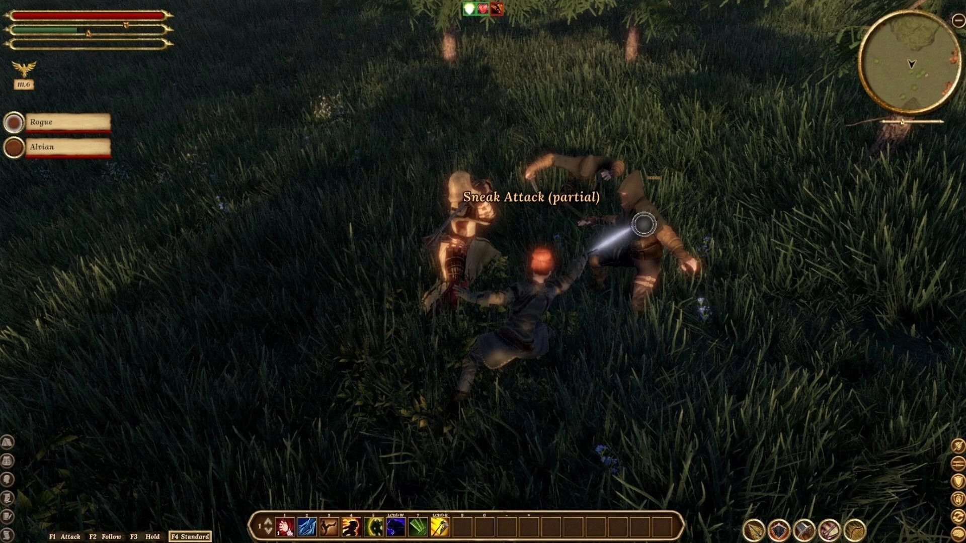 Elengard: Rogue performs a partial sneak attack in forest clearing with UI health and skills bars visible