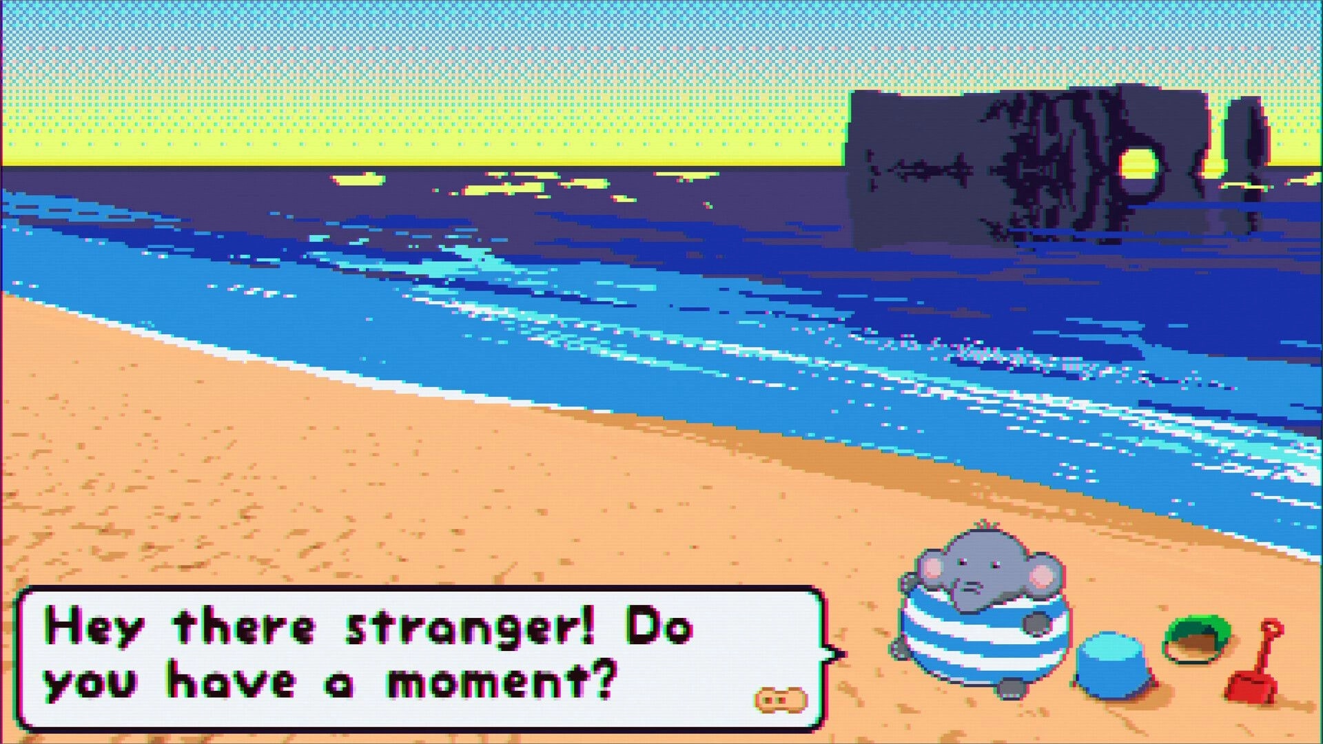 Elfie: Elephant in striped outfit on sandy beach with dialogue bubble, ocean, and distant rock formation.