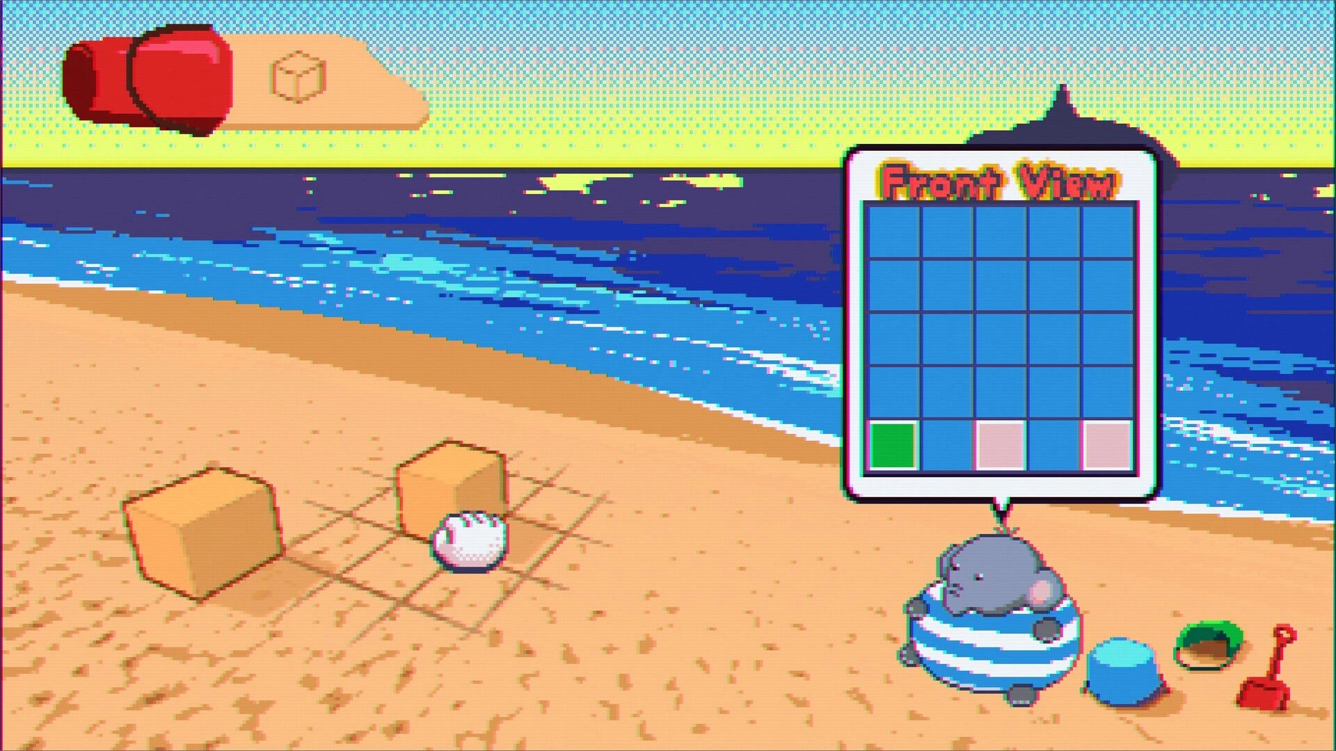 Elfie: Elephant planning sand castle construction on beach with grid view and sand tools nearby