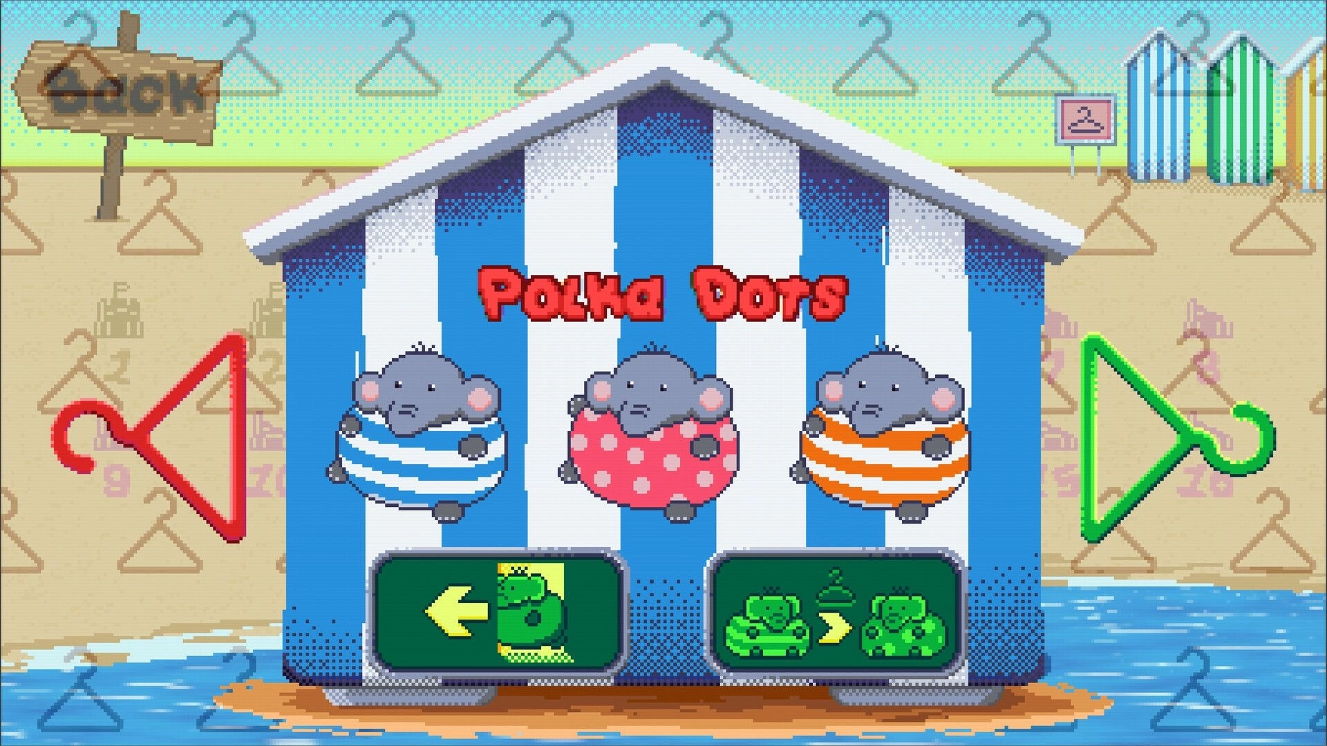 Elfie: Three elephants in swimsuits in front of a striped hut with navigation arrows on a sandy beach.