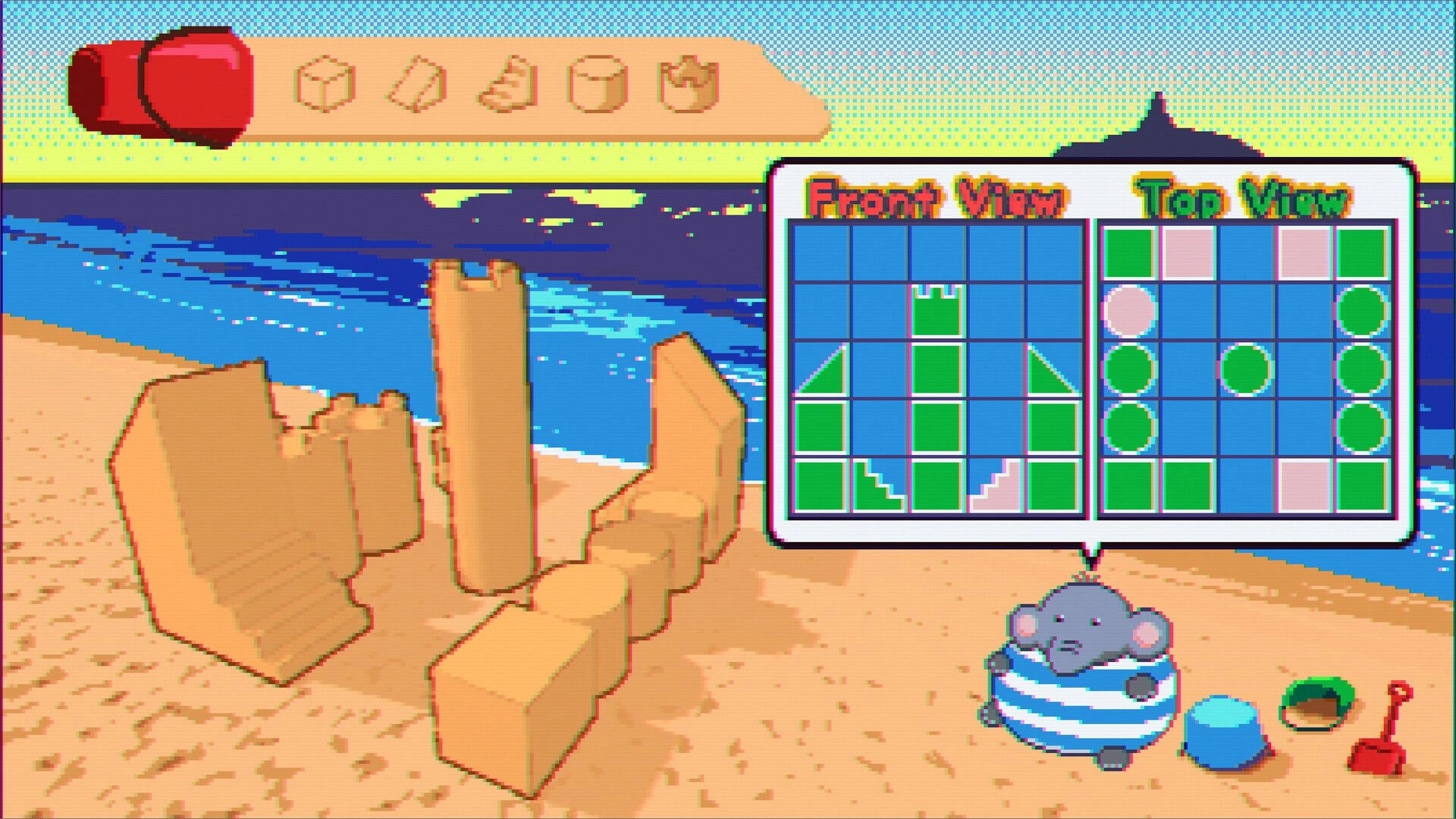 Elfie: Elephant plans sandcastle using puzzle grid on beach with tools and ocean in background