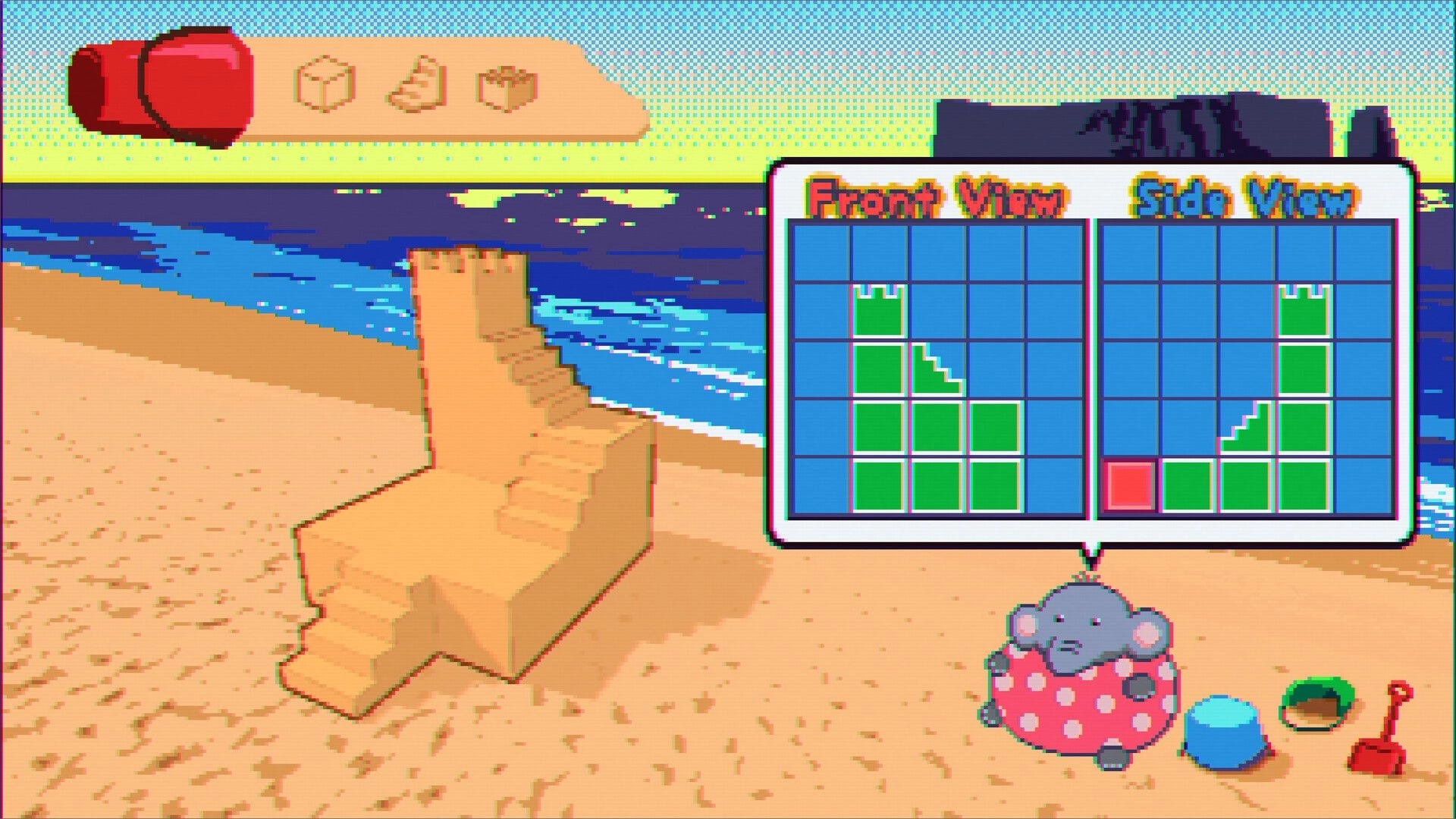 Elfie: Elephant with pink polka dots plans sand castle using geometric grid at sunny beach.
