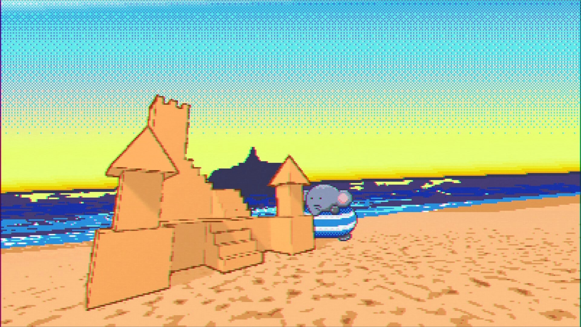 Elfie: Elephant building sandcastle on sunny beach with ocean waves and colorful sky in background.