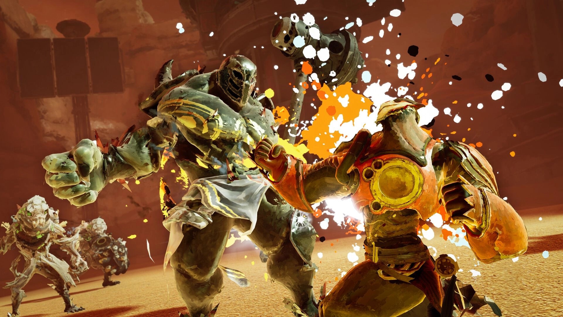 Elta: Armored fighter lands a punch on hulking foe in a dusty arena with paint-like impact bursts.