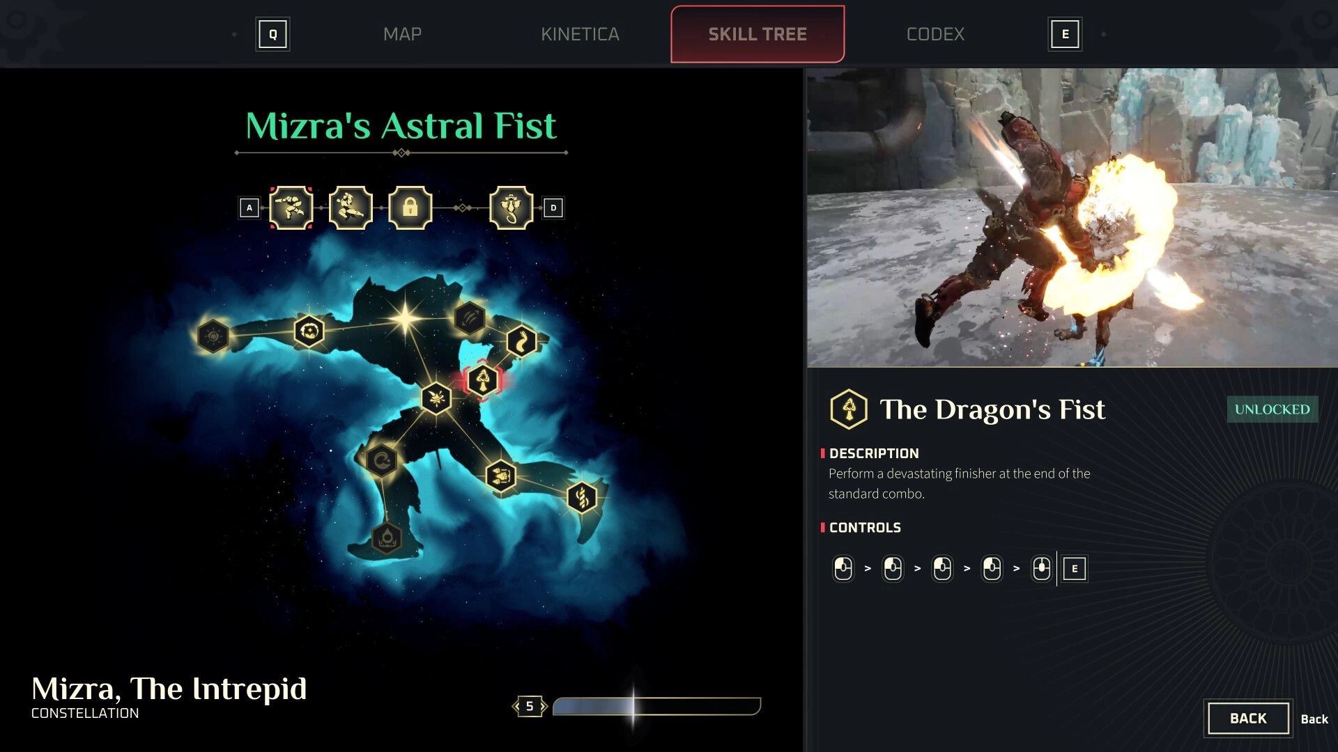 Elta: Skill tree menu for Mizra's Astral Fist with Dragon's Fist unlocked and combo preview clip.