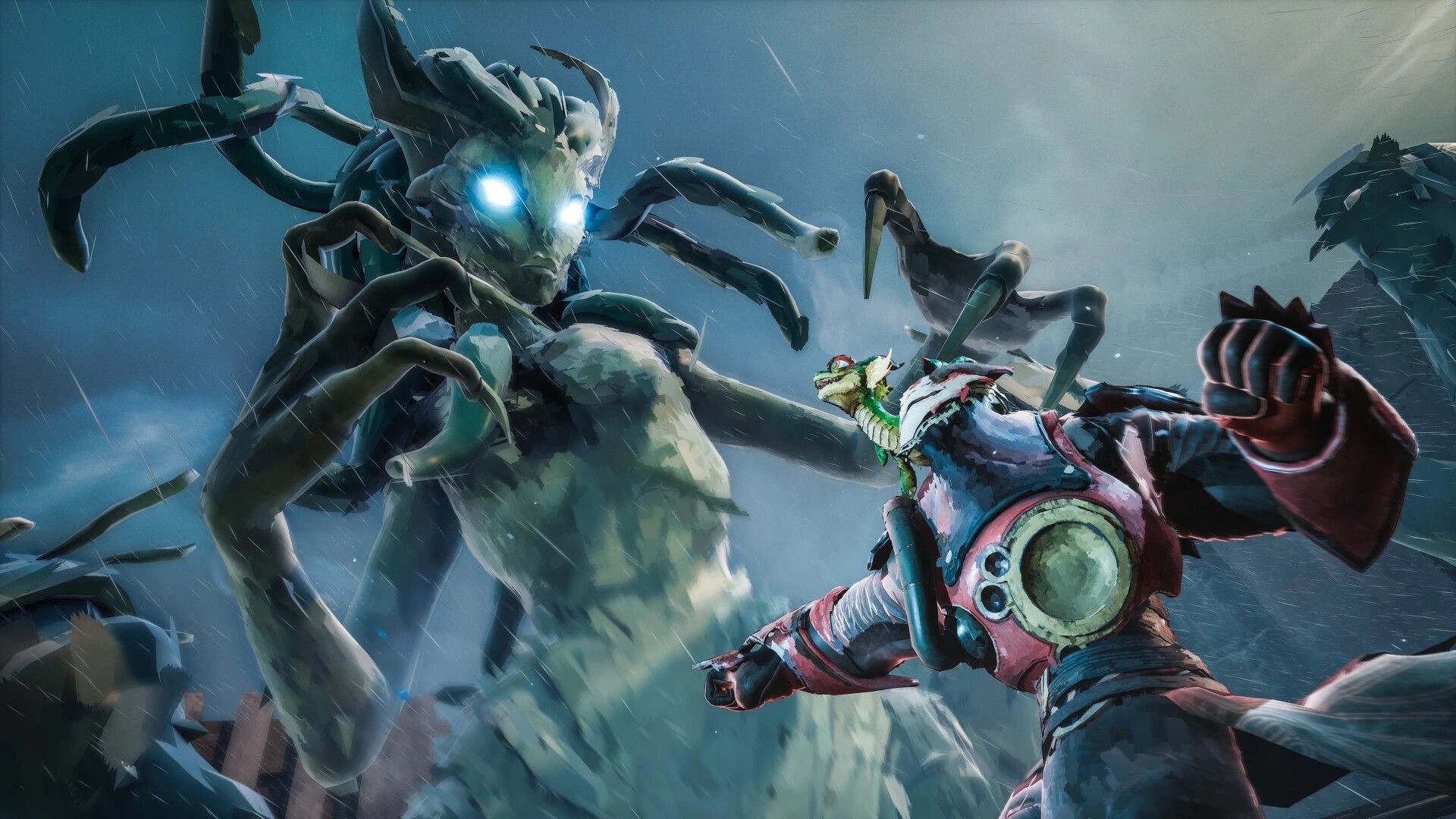 Elta: Armored fighter with dragon companion squares off against a glowing-eyed giant in rainstorm.