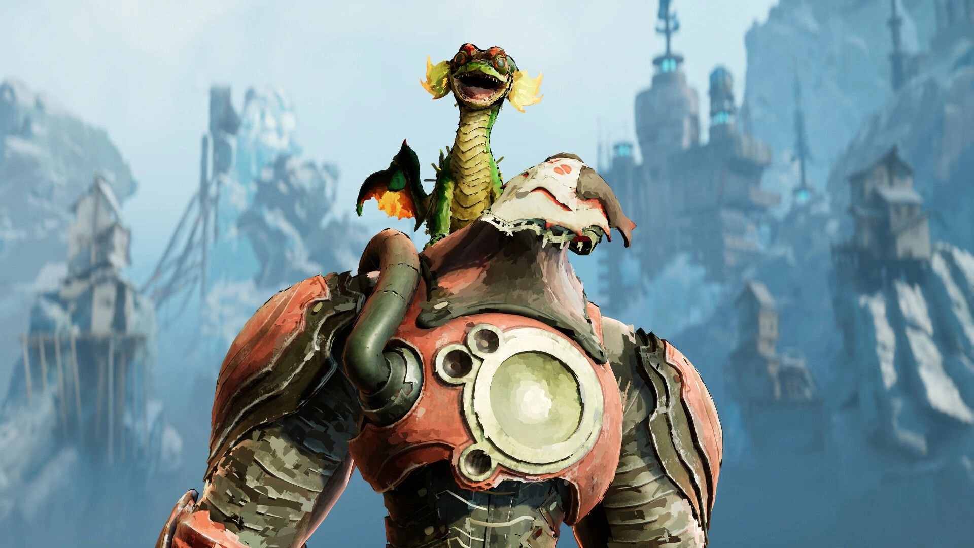 Elta: Grinning green dragon perched on a bulky armored mech against misty sci-fi ruins backdrop.