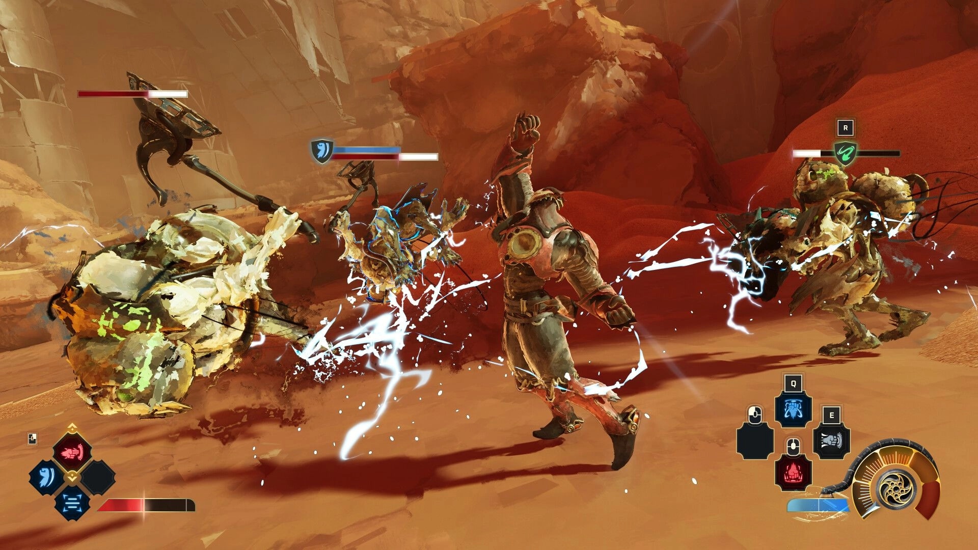Elta: Armored fighter unleashes electric strike on two foes in red desert canyon with HUD icons.