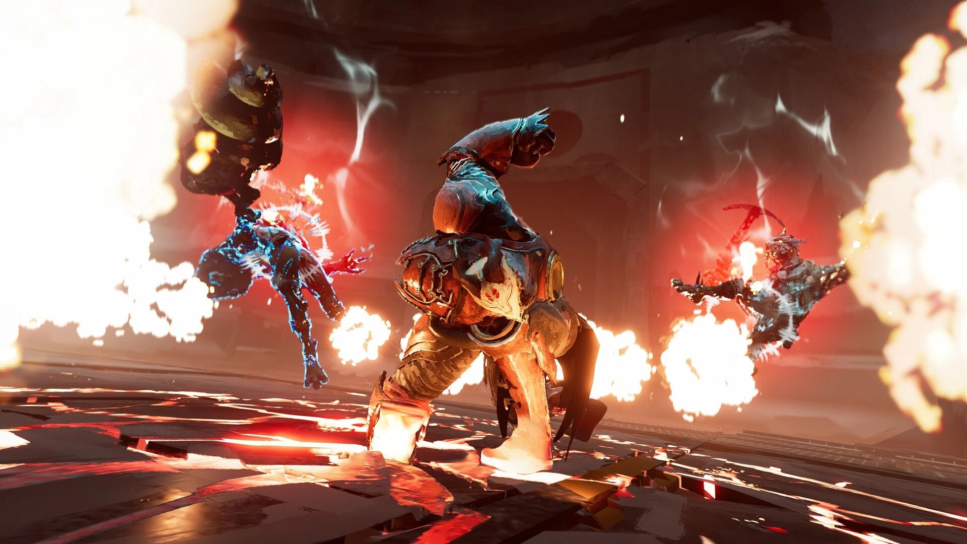 Elta: Armored fighter dodges explosions as two enemies burn in a smoky sci-fi arena battle.