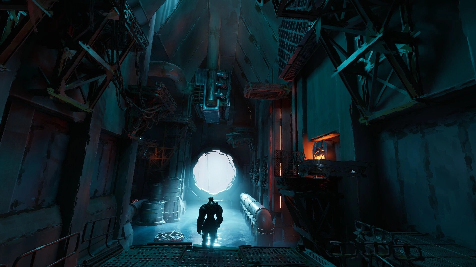 Elta: Lone armored figure walks through flooded industrial tunnel toward a glowing circular hatch.