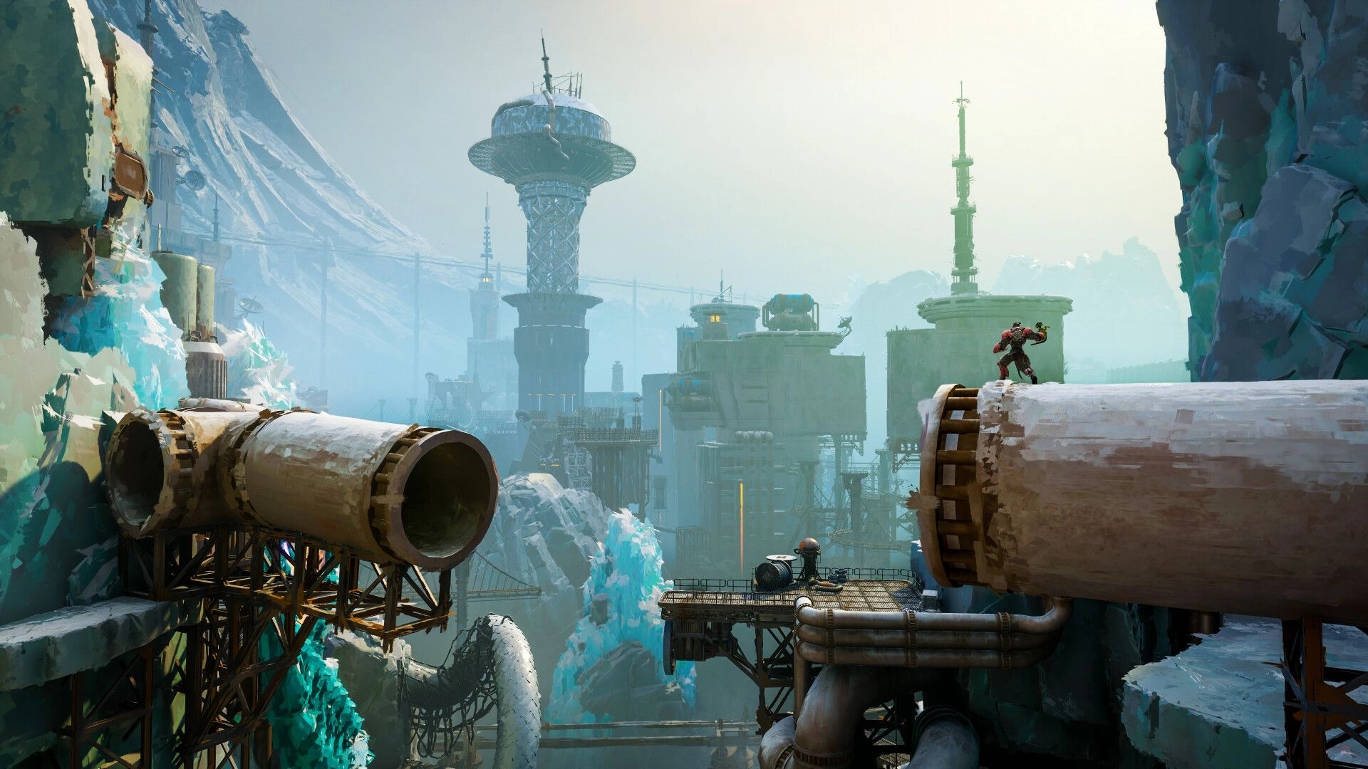 Elta: Armored fighter stands atop a huge pipe overlooking icy industrial towers and scaffolds.