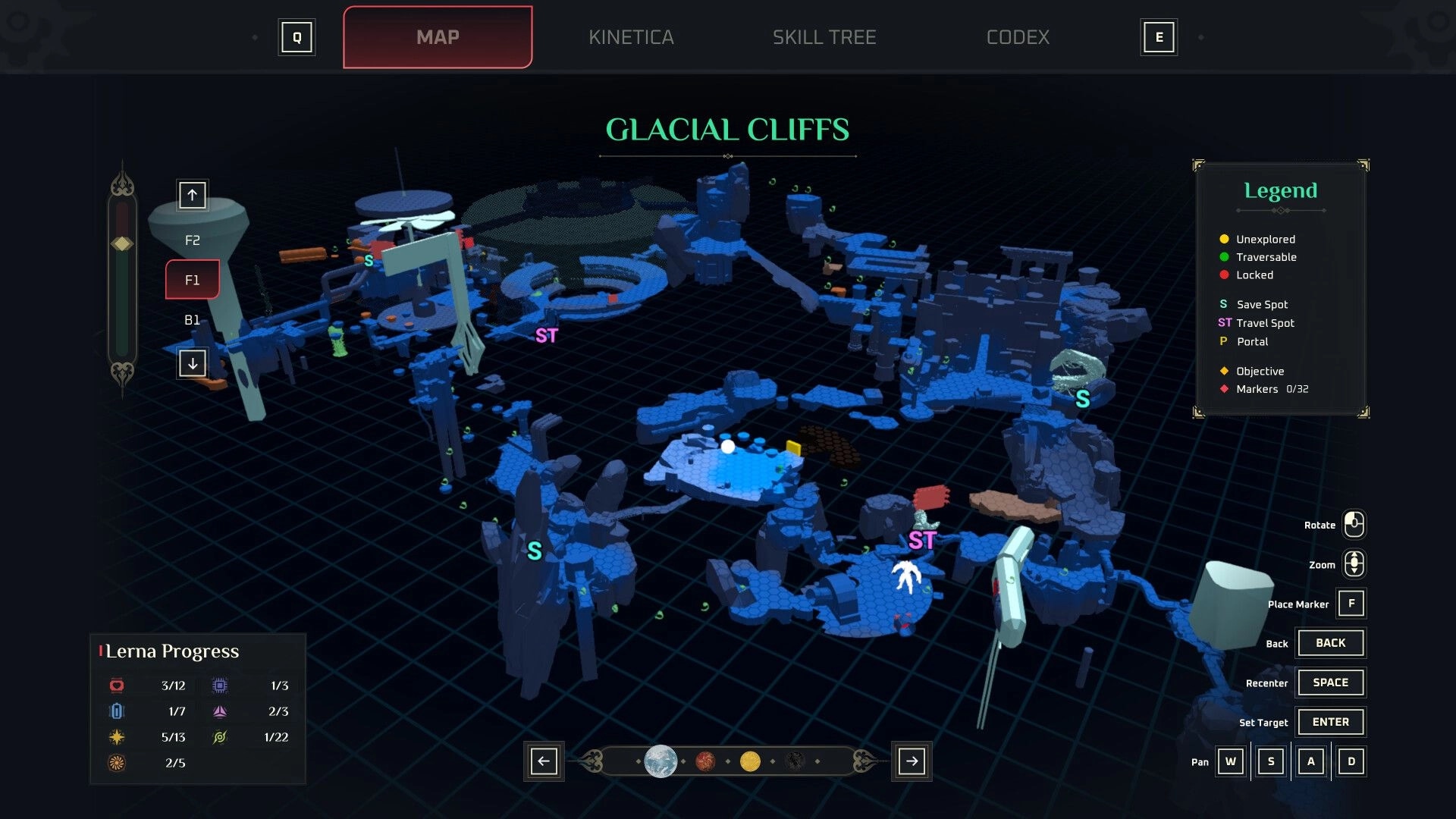 Elta: Glacial Cliffs 3D map screen with legend and save/travel markers over icy platforms.