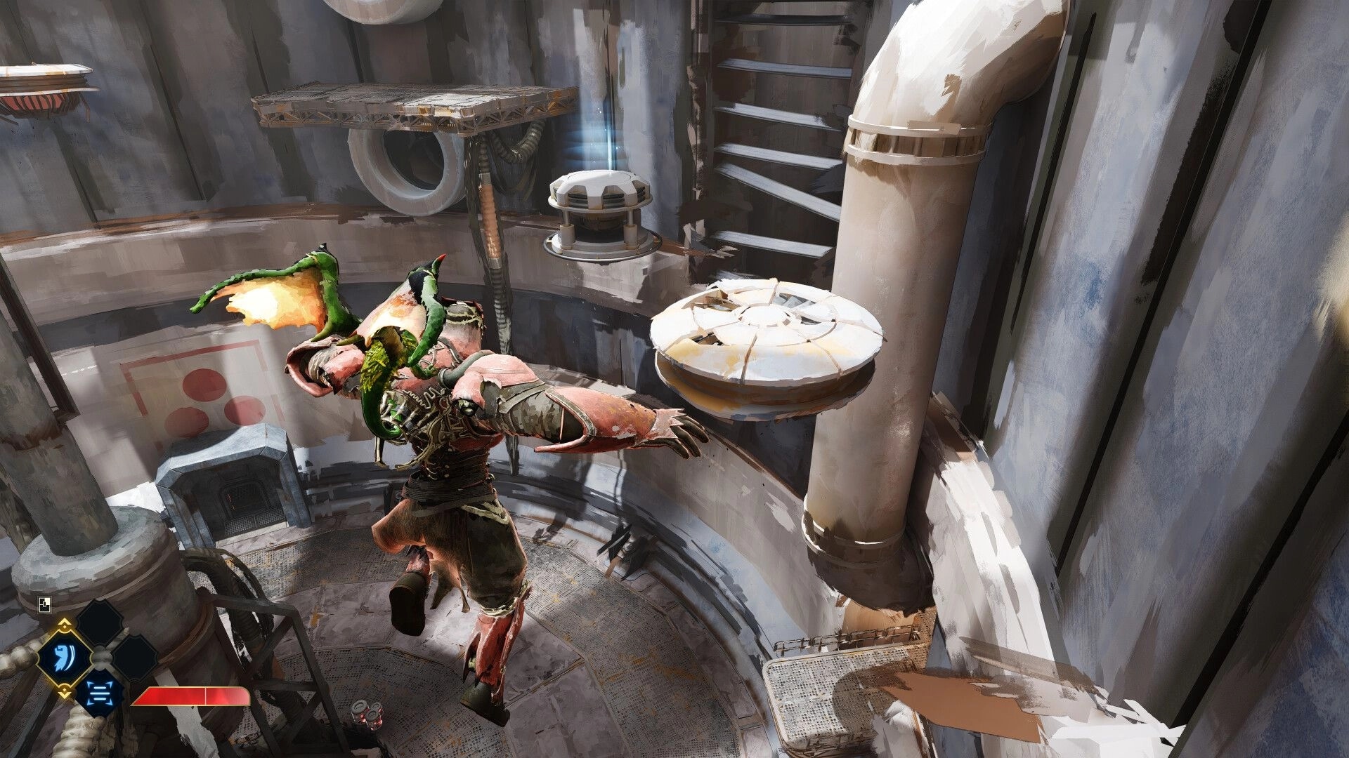 Elta: Armored hero leaps between round platforms in an industrial shaft with pipes and HUD icons.
