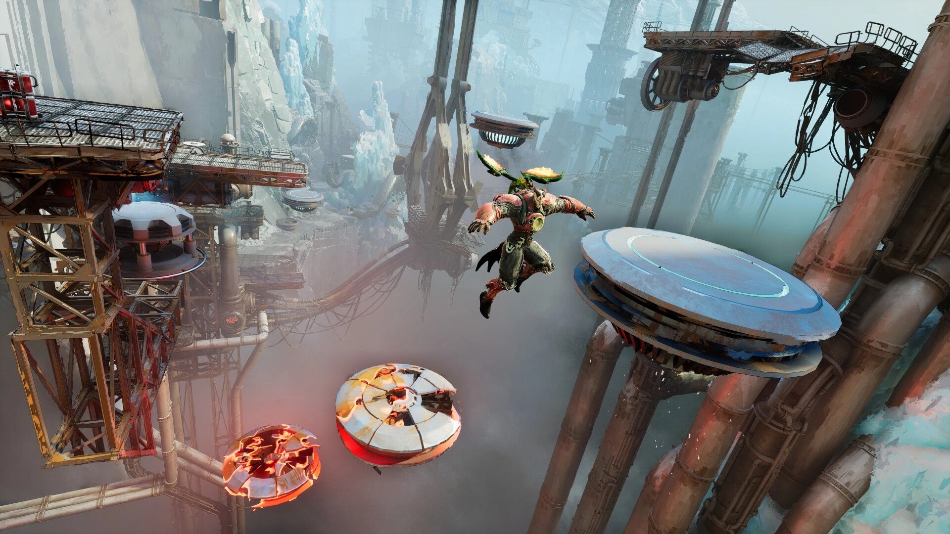 Elta: Armored warrior leaps between floating platforms above a misty sci-fi industrial canyon of pipes.
