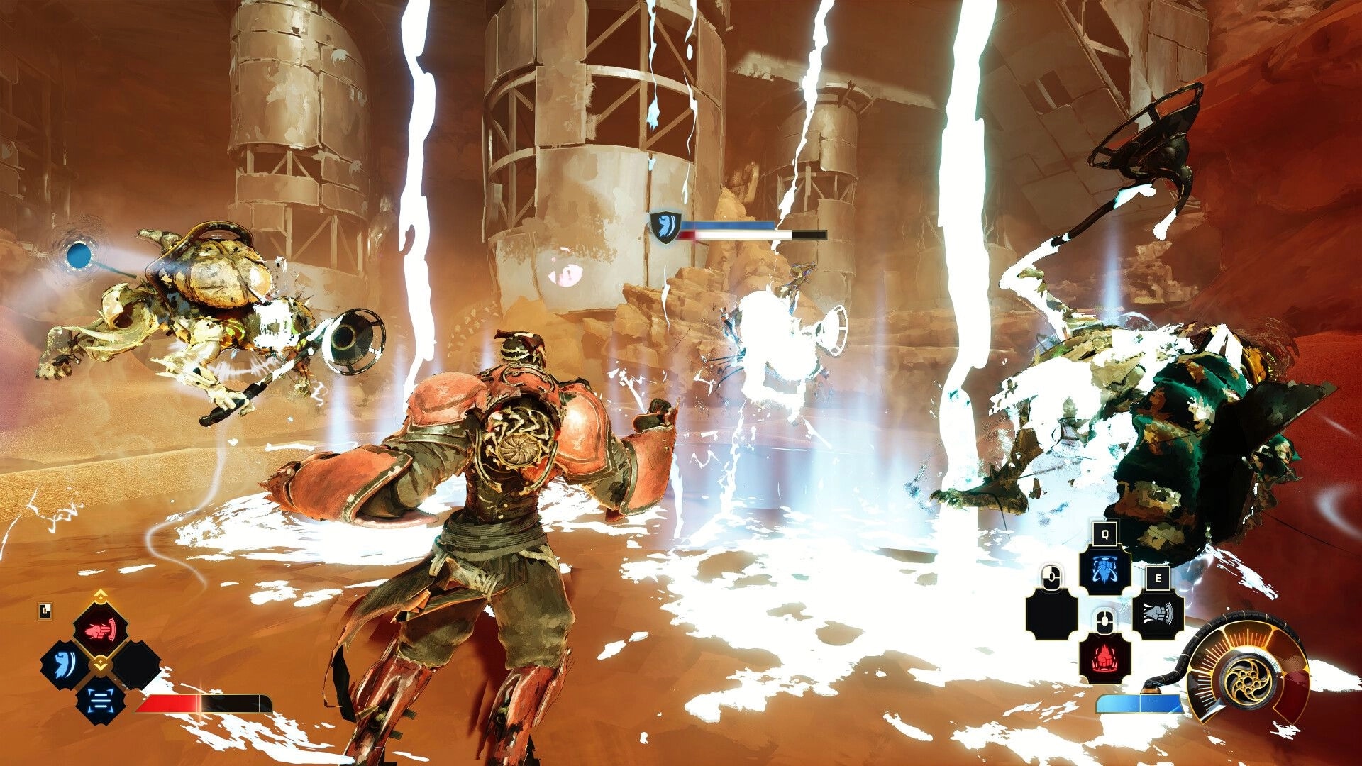 Elta: Armored fighter battles glowing enemies amid desert ruins, ability icons and meters visible.