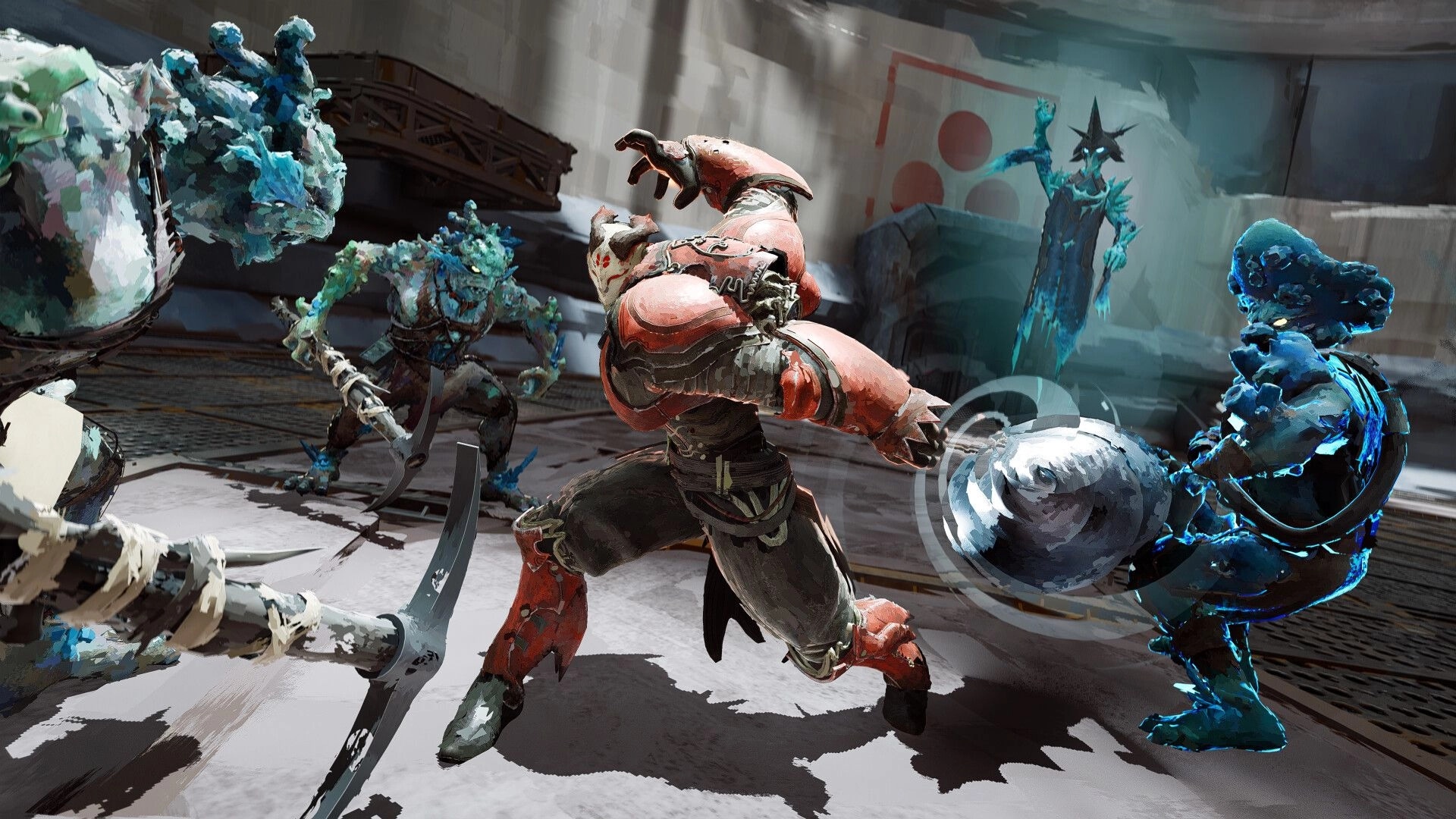 Elta: Armored fighter swings at blue monsters in a ruined sci-fi arena with glowing specters nearby.