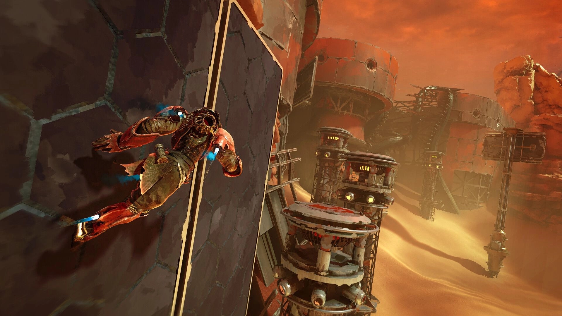 Elta: Armored fighter wall-runs along a metal tower above desert sand and sci-fi outposts at dusk.